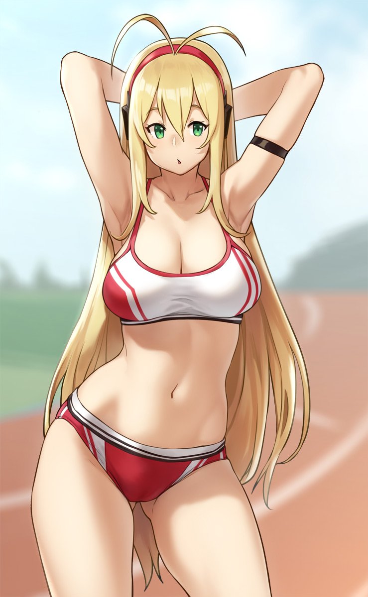 aqua eyes, armpits, blonde hair, cleavage, female, houtengeki, long hair, solo, standing, tagme