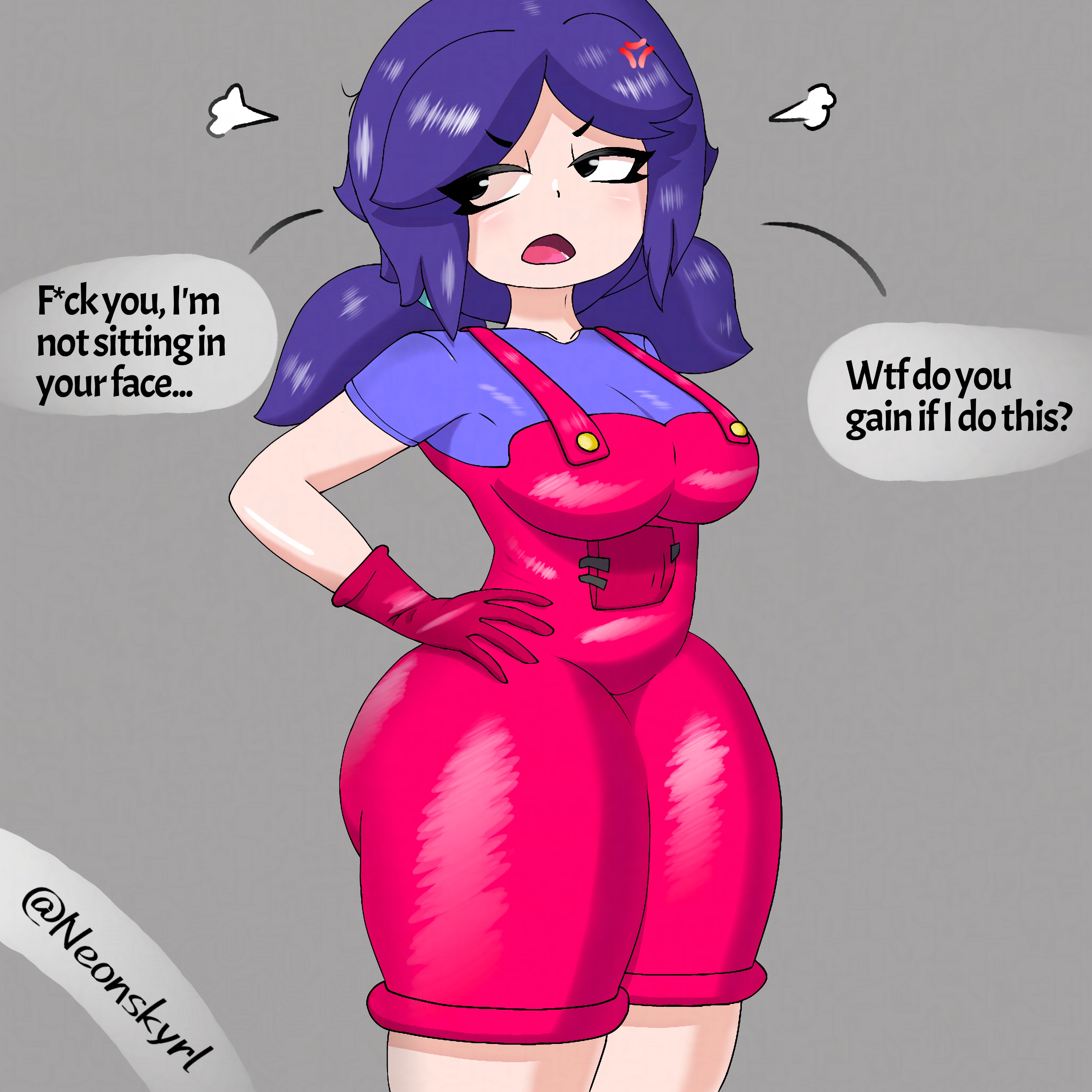1girls, angry, big breasts, brawl stars, breasts, female, jacky (brawl stars), neonskyrl, ponytail, purple hair, solo, text, thick thighs