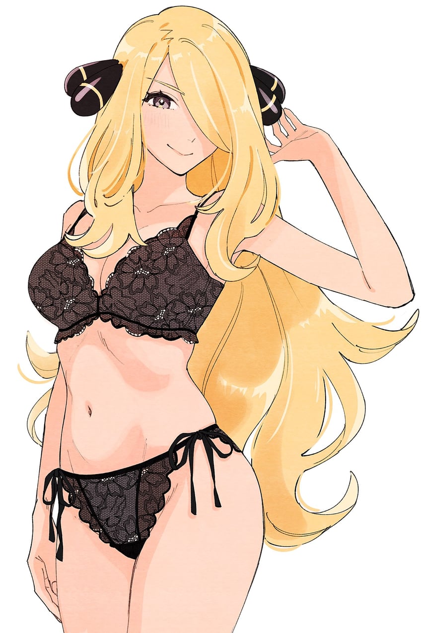 1girls, black bra, black panties, blonde hair, blush, bra, breasts, clothing, cynthia (pokemon), female, legs together, lingerie, long hair, matching underwear, osg pk, panties, pokemon, smile, wide hips