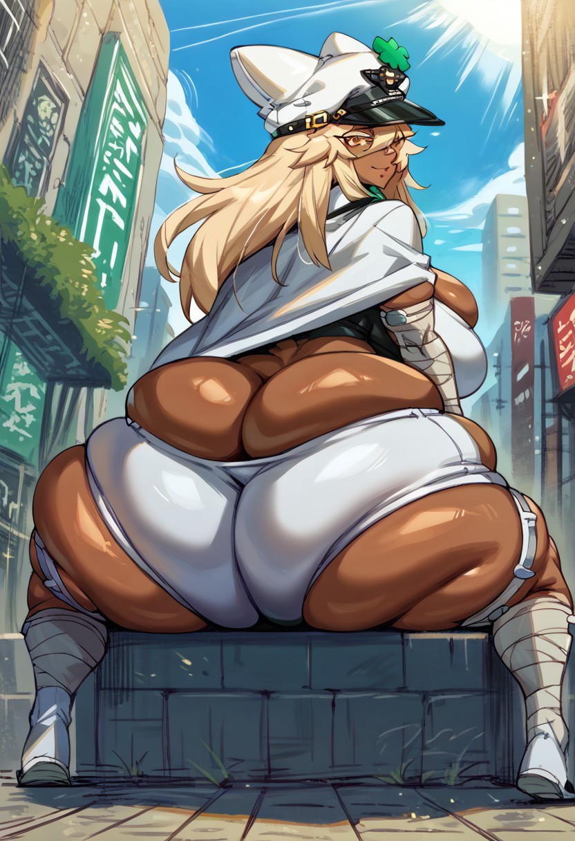 1girl 1girls ai_generated ass_cleavage big_ass big_breasts blonde_hair bottom_heavy butt_crack cloak dark-skinned_female dark_skin fat_ass female female_only guilty_gear guilty_gear_strive gvukub huge_ass looking_at_viewer looking_back ramlethal_valentine sideboob sitting skindentation smile tagme thick_thighs wide_hips yellow_eyes