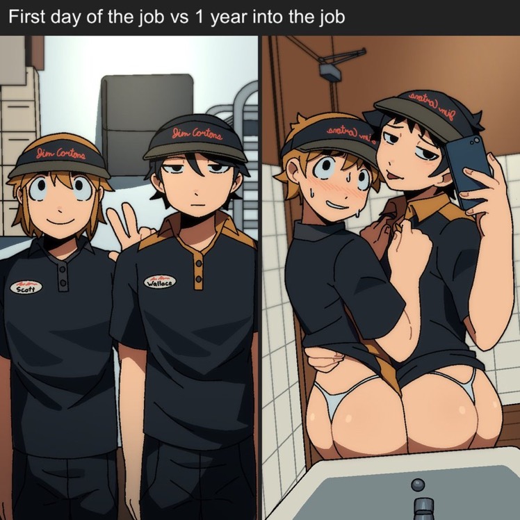 2boys ass blush cute femboy femboys gay heavenly_ass meme scott_pilgrim scott_w_pilgrim strawbeneva sweating thong tim_hortons tongue_out twink wallace_wells yaoi