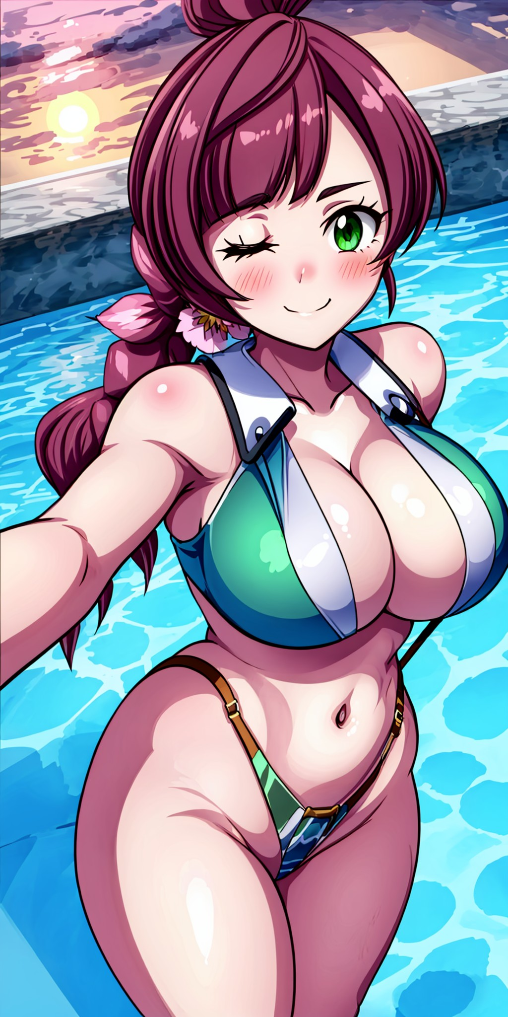 1girls ai_generated beach belly belly_button big_breasts bikini blush braid braided_hair breasts chloe_(pokemon) cleavage collarbone female female_focus female_only game_freak gamefreak green_bikini green_eyes large_breasts light-skinned_female light_skin long_hair nintendo one_eye_closed pokemon pokemon_(anime) pokemon_journeys purple_hair revealing_clothes ryuzam sideboob single_braid solo standing thick_thighs thighs thin_waist tied_hair