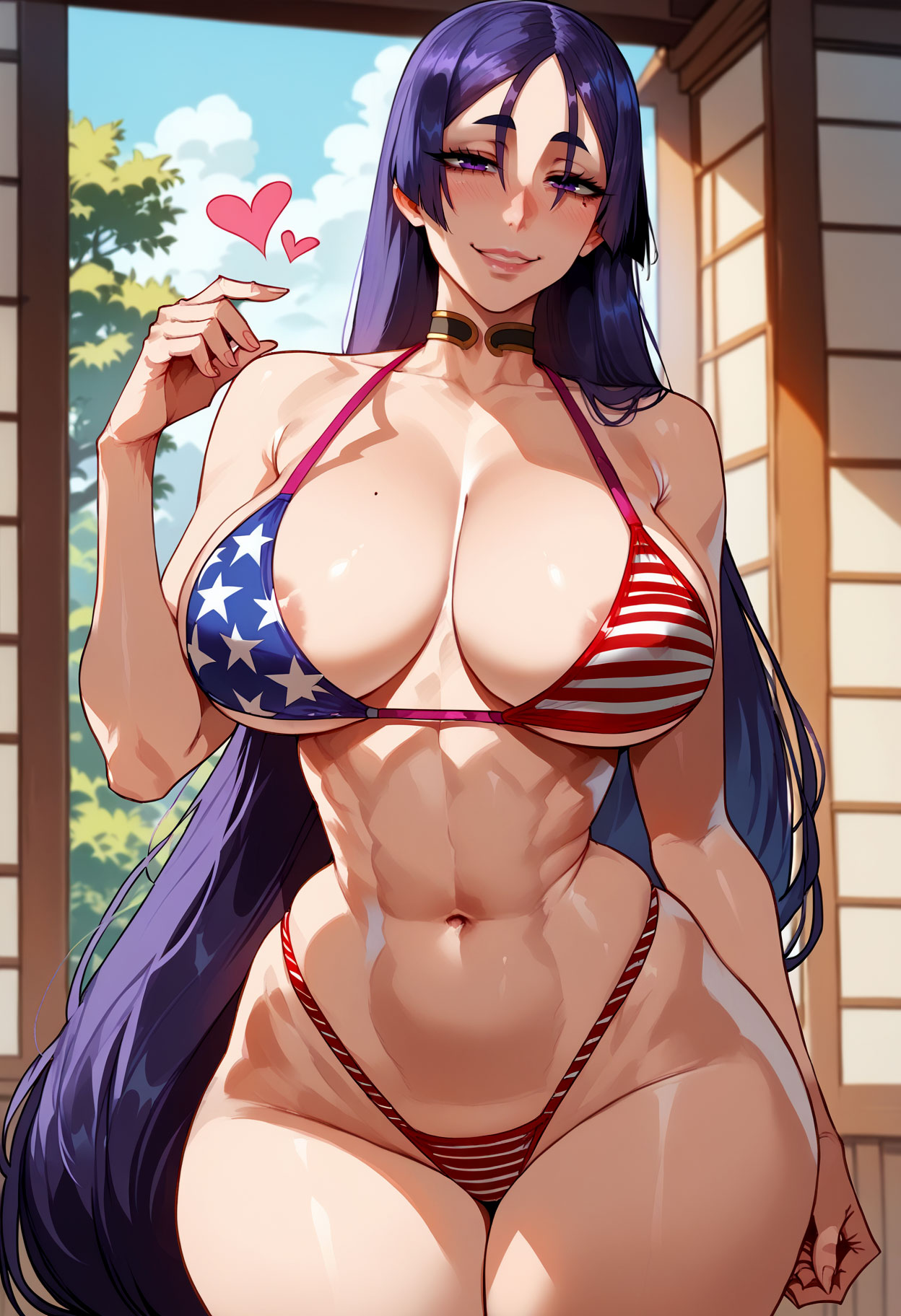 1girls abs ai-created ai_generated american_flag_bikini american_flag_print american_flag_swimsuit areola_slip areolae bangs bare_shoulders bikini blue_sky blush breasts choker clavicle cleavage clothing curvaceous curvaceous_female curvaceous_figure curvy curvy_female curvy_figure fate/grand_order fate_(series) female female female_focus female_only flag_print flag_print_bikini flag_print_swimsuit floxin heart high_resolution highleg highleg_bikini highleg_swimsuit huge_breasts inviting inviting_to_sex large_breasts lips long_hair looking_at_viewer minamoto_no_raikou_(fate) minamoto_no_raikou_(fate/grand_order) mole muscle navel nipples outdoors parted_bangs parted_lips presenting presenting_breasts print_bikini print_swimsuit purple_eyes purple_hair seductive seductive_look seductive_smile skindentation sky sliding_doors smile solo swimsuit thick_thighs thighs toned very_long_hair voluptuous voluptuous_female wardrobe_malfunction wide_hips