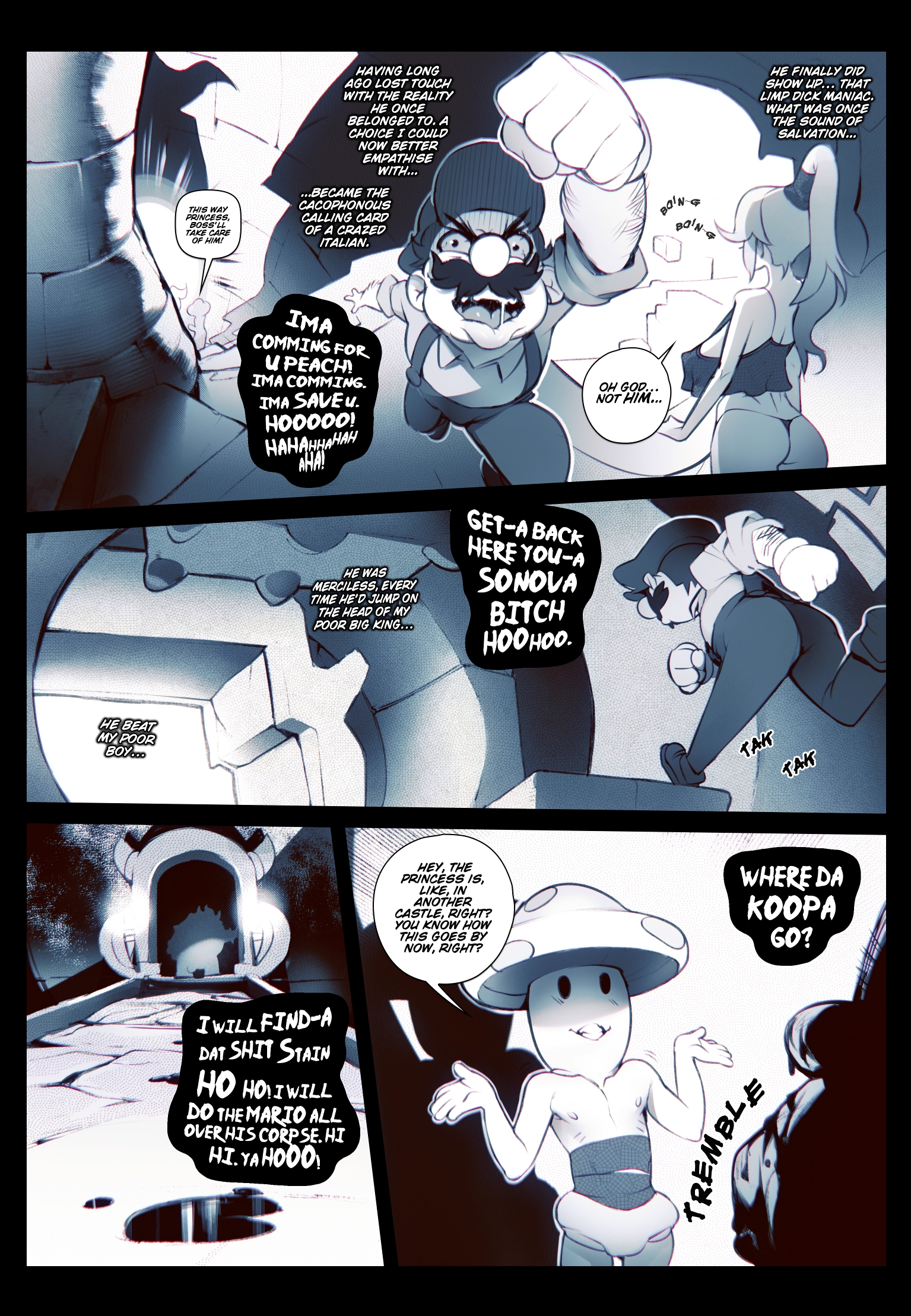 1girls, 3boys, after rape, bowser, broken rape victim, comic, dialogue, doxy, english text, female, male, mario, mario (series), monochrome, multiple boys, multiple males, nintendo, nipples, princess peach, speech bubble, super mario bros., text, toad (mario)