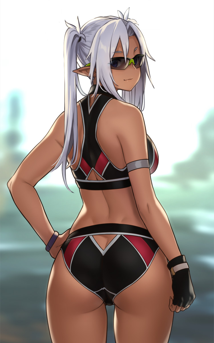 ass, bikini, dark skin, dark-skinned female, elf, female, houtengeki, looking back, pointy ears, solo, sunglasses, white hair