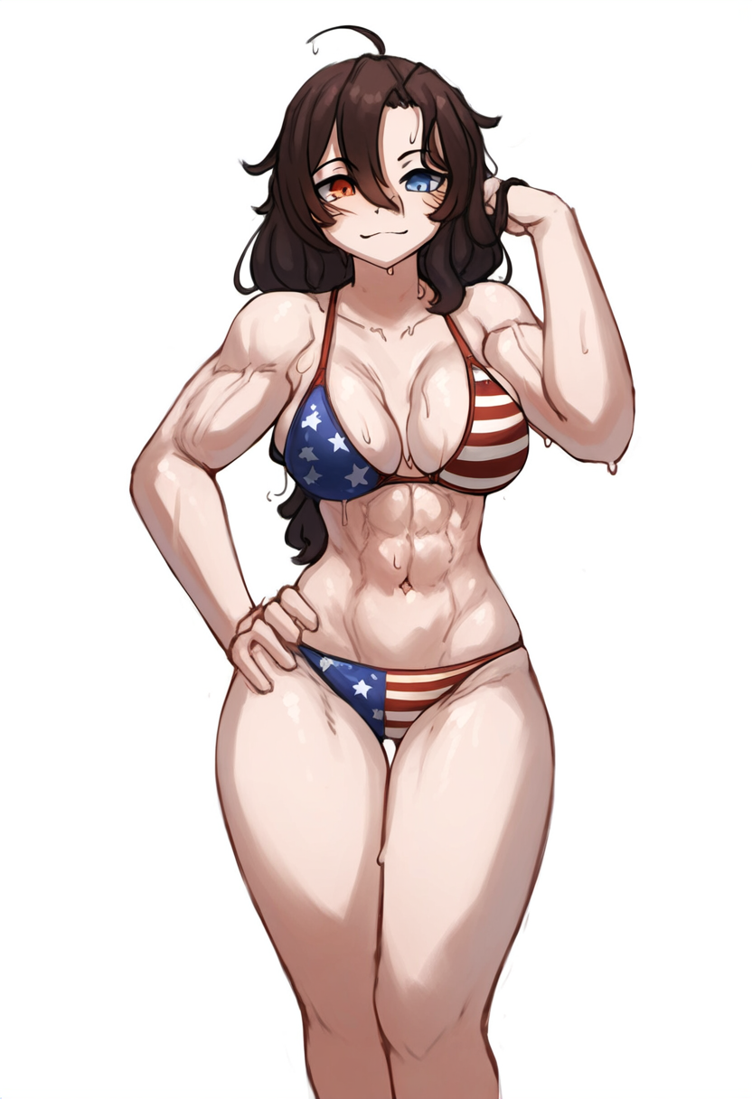 1girls ai_generated american_flag american_flag_bikini bikini heterochromia hismajestyii muscular muscular_female novelai pale-skinned_female pale_skin seiko_tanaka_(hismajestyii) toned_female