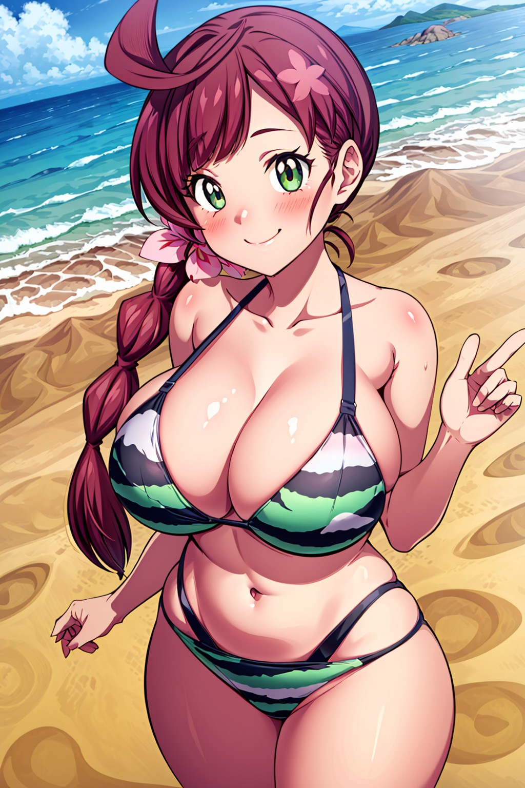 1girls ai_generated beach beach_background belly belly_button big_breasts bikini braid braided_hair breasts chloe_(pokemon) cleavage collarbone female female_focus female_only game_freak gamefreak green_bikini green_eyes large_breasts light-skinned_female light_skin long_hair nintendo ocean ocean_background pokemon pokemon_(anime) pokemon_journeys purple_hair revealing_clothes ryuzam sideboob single_braid solo standing thick_thighs thighs thin_waist tied_hair