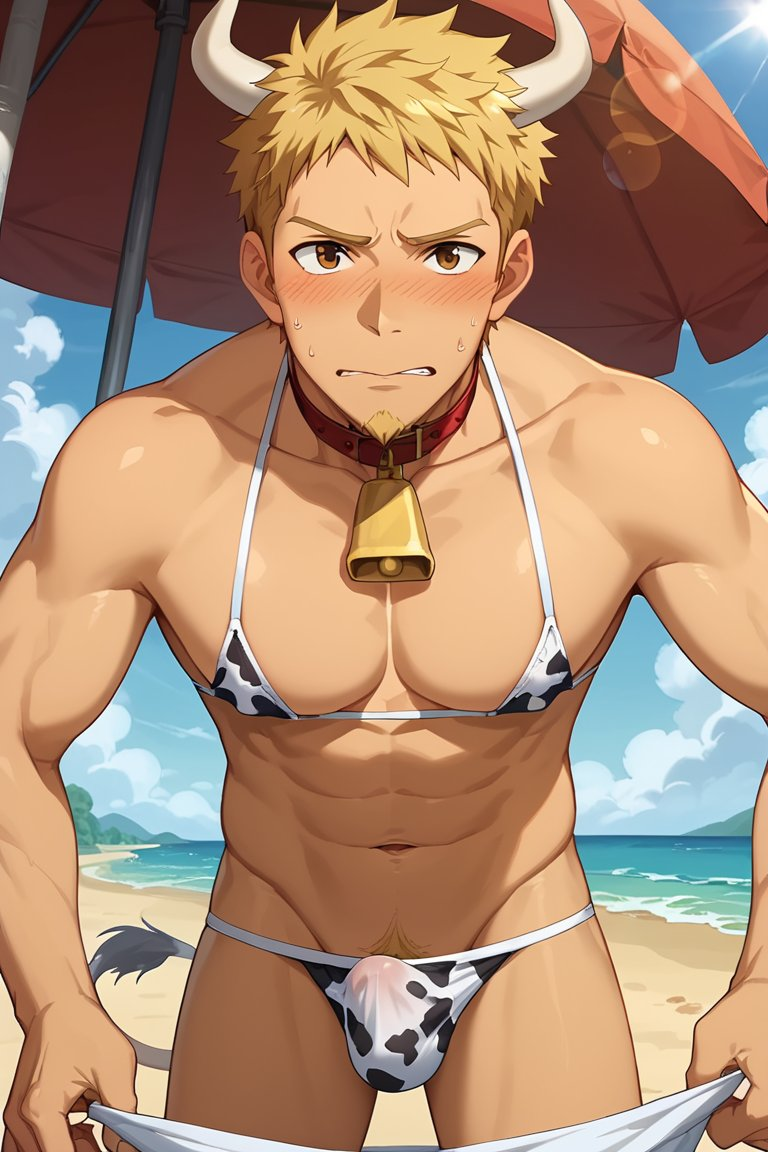 abs ai_generated bara beach beard biceps bikini blush bulge cow_bikini cow_horns daddy dilf iemitsu_sawada katekyo_hitman_reborn! male male_only male_pubic_hair manly mature_male muscular_male pecs pervirexartt