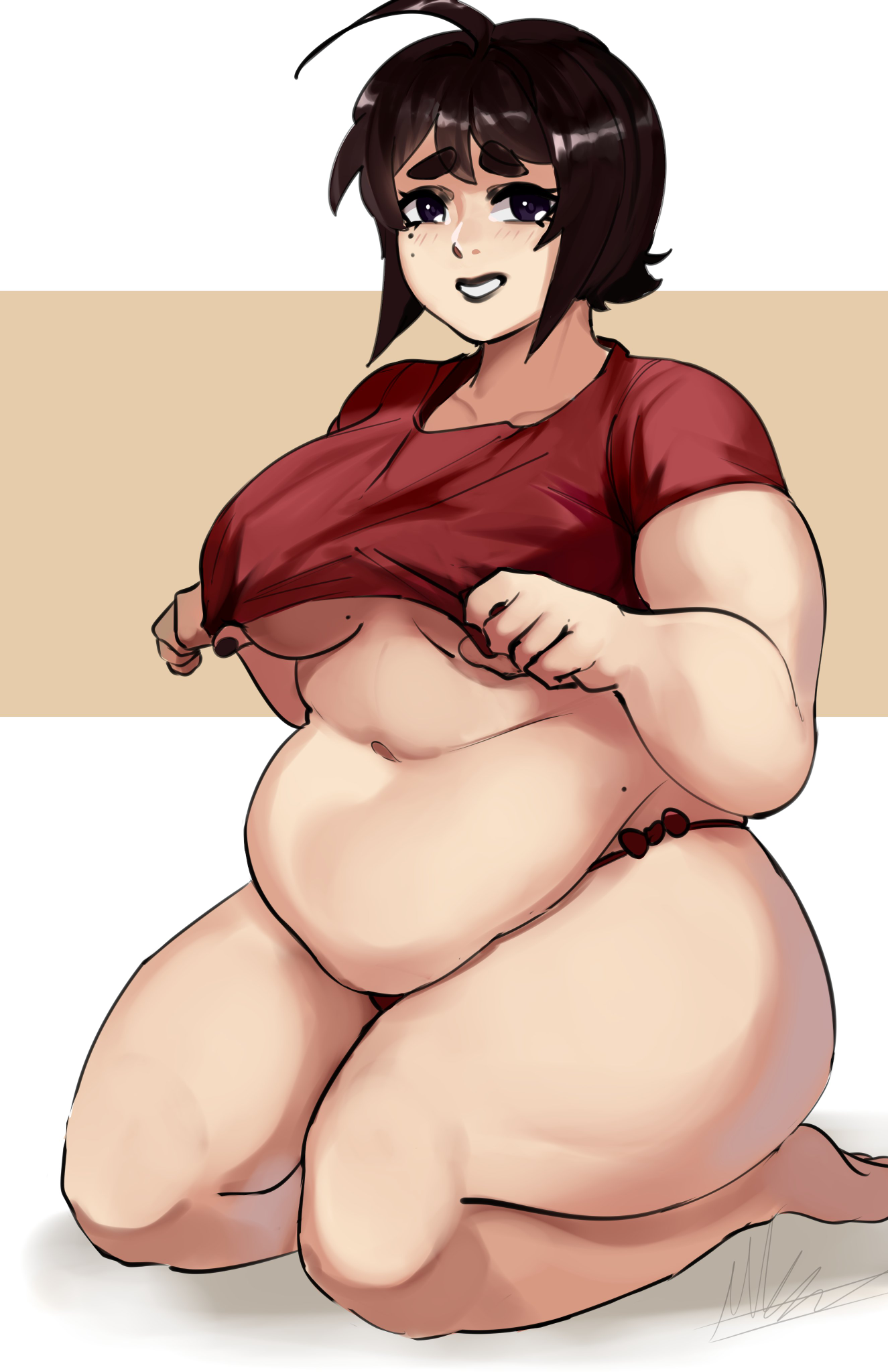 1girls, ahoge, barefoot, bbw, belly, blush, breasts, brown hair, character request, chubby, chubby female, clothes lift, covered nipples, curvy, eyebrows visible through hair, female, full body, kneeling, large breasts, lifted by self, looking at viewer, midriff, mole, navel, no bra, no pants, plump, purple eyes, puzzled artist, shirt, shirt lift, short hair, simple background, sitting, smile, solo, stomach, t-shirt, thick thighs, thighs, underboob, underwear