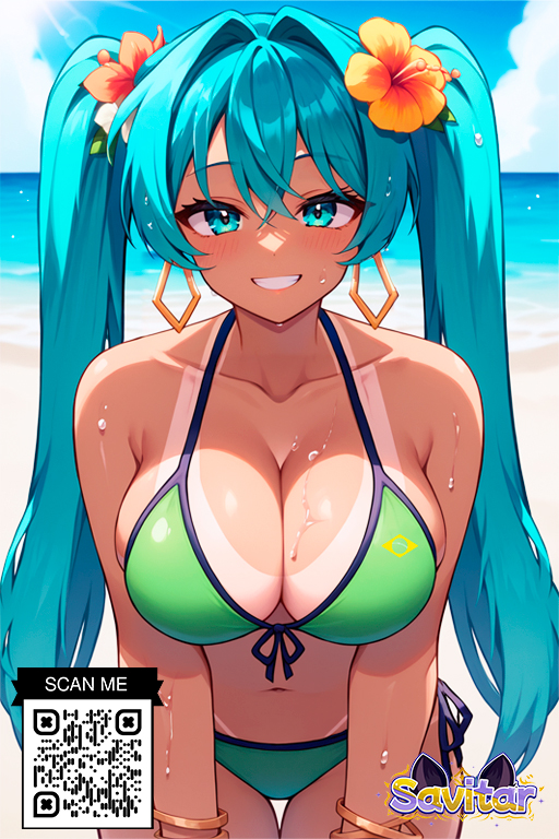 ai_generated aqua_eyes aqua_hair bangs bare_shoulders beach bikini blue_eyes blue_hair blue_sky blush bracelet breasts clavicle cleavage clothing cloud crossed_bangs day earrings female flower green_bikini green_swimsuit grin hair_between_eyes hair_flower hair_ornament hatsune_miku hibiscus jewelry large_breasts leaning_forward littlehentai long_hair looking_at_viewer navel ocean outdoors qr_code savitar savitar_(artist) side-tie_bikini_bottom sky smile solo swimsuit tanlines thigh_gap tied_hair twintails very_long_hair vocaloid water wet