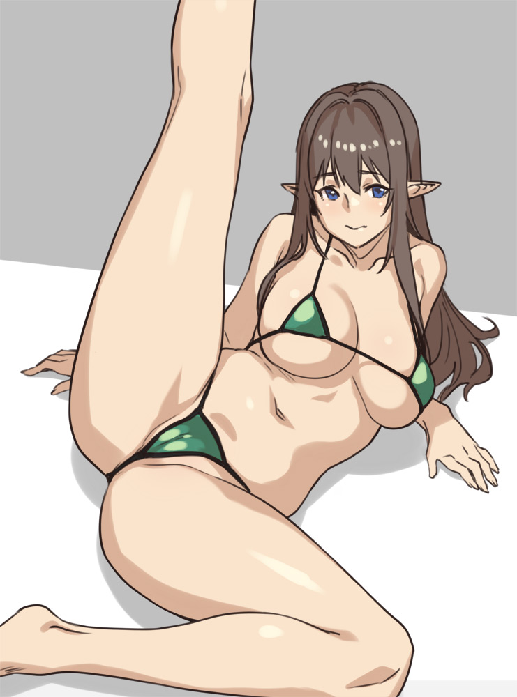bikini, blue eyes, breasts, cameltoe, cleavage, elf, female, houtengeki, large breasts, leg up, long hair, micro bikini, pointy ears, pussy, solo, underboob