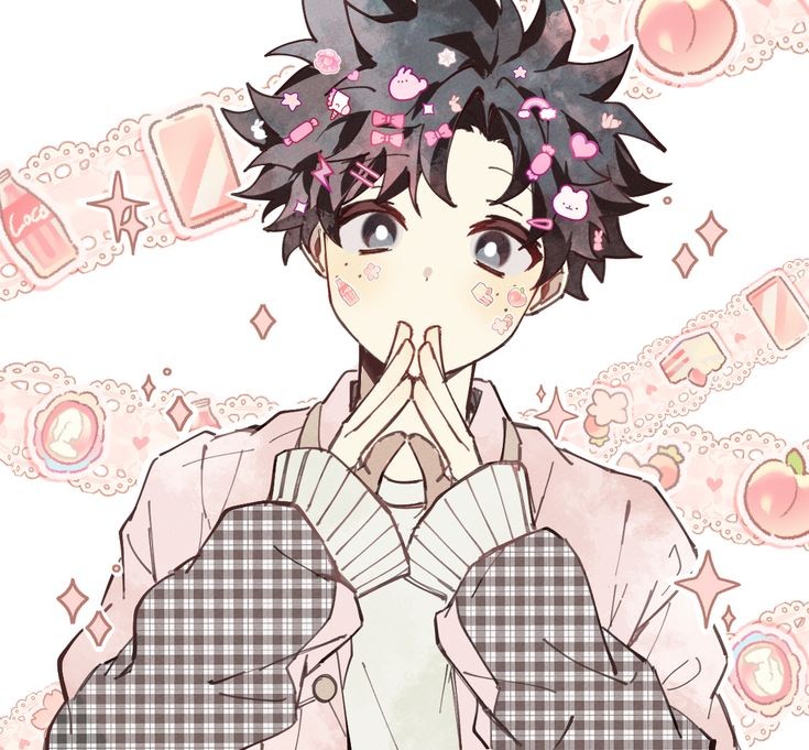 1boy clothed cute_expression cute_male izuku_midoriya my_hero_academia pastel pink snacks