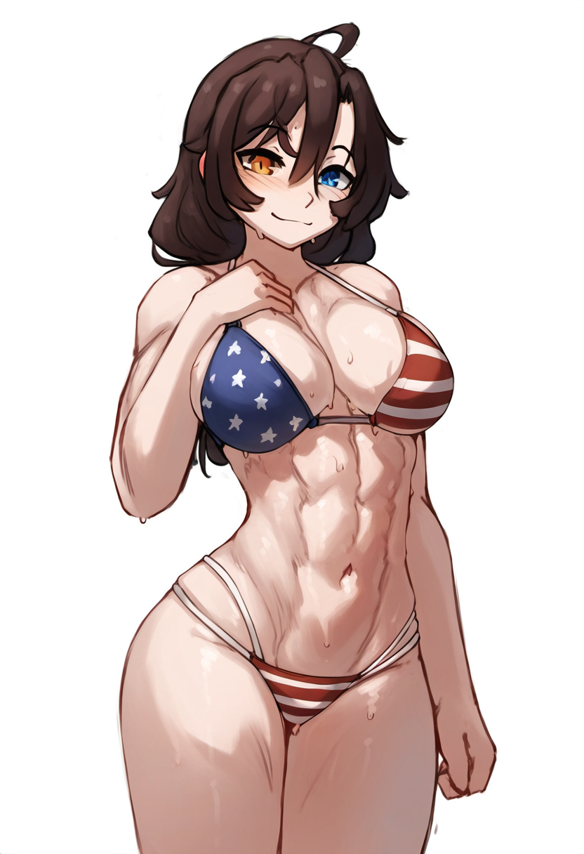 1girls ai_generated american_flag american_flag_bikini bikini heterochromia hismajestyii muscular muscular_female novelai pale-skinned_female pale_skin seiko_tanaka_(hismajestyii) toned_female