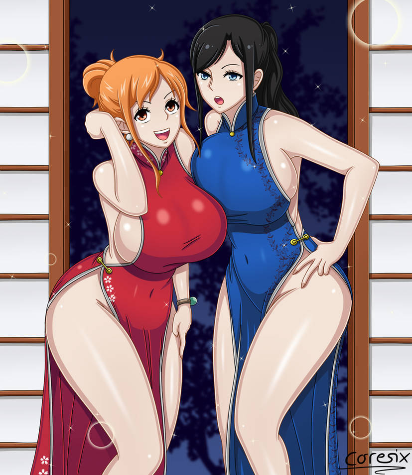 2girls black_hair blue_dress blue_eyes bracelet breasts brown_eyes cheongsam china_dress coresix dress earrings female female_only hairbun large_breasts looking_at_viewer milf nami nami_(one_piece) nico_robin night one_piece orange_hair ponytail qipao red_dress