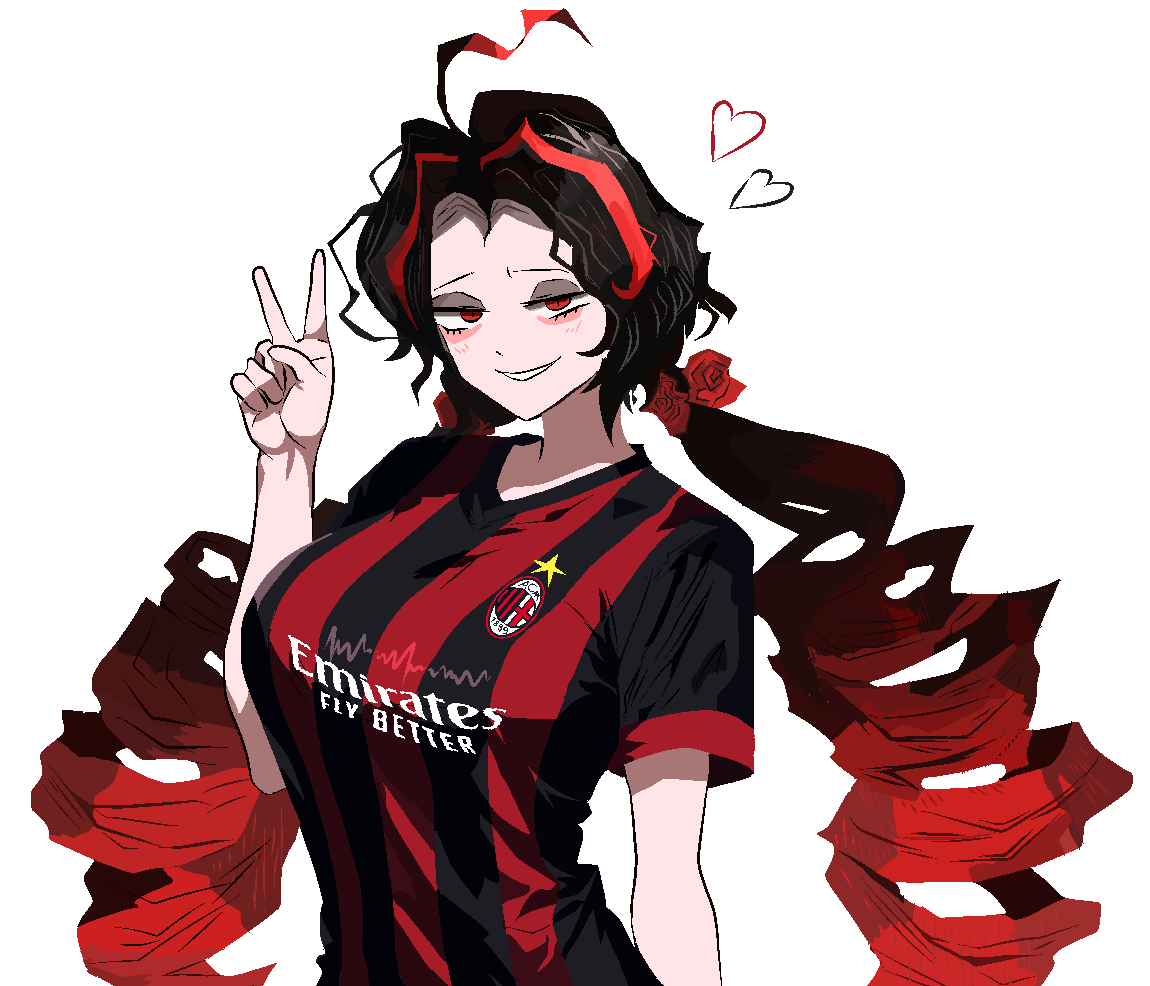1girls, big breasts, breasts, emirates, female, female focus, female only, heart, heart symbol, limbus company, long hair, looking at viewer, loose clothes, nicolina (limbus company), paul camadonnas, peace sign, project moon, red eyes, red hair, smile, smiling, smiling at viewer, soccer jersey, solo, solo female, solo focus, tagme, the barber (limbus company)