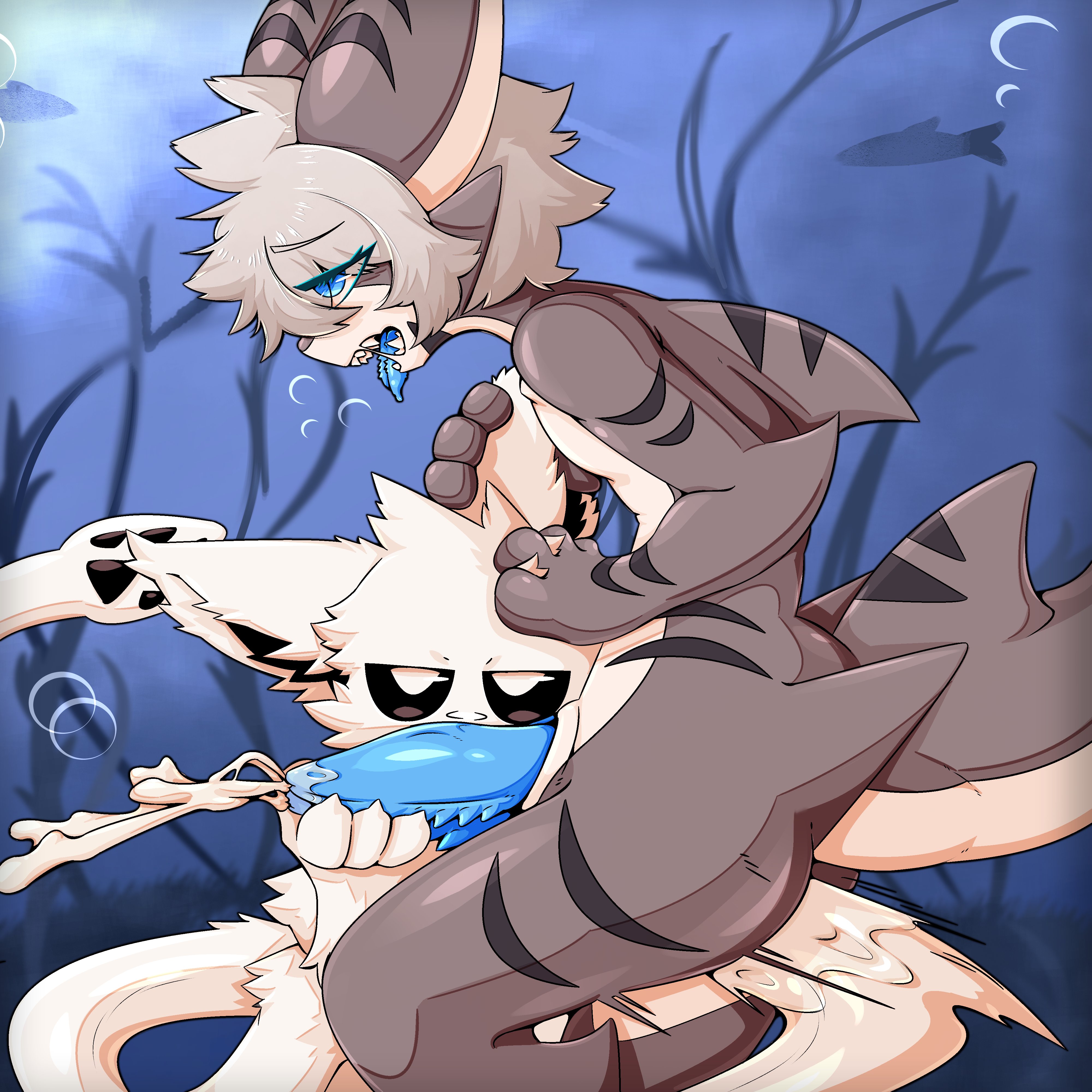 2 penises, anal, blue penis, changed (video game), crossdressing, crossdressing (mtf), crossdressing male, cum, dick, femboy, furry, gaogomon, gay, gay handjob, homosexual, homosexual male, male, male penetrated, male penetrating, male/male, penis, shark, shark (changed), shark tail, squid, squid dog (changed), tapering penis, tiger shark, tiger shark (changed), underwater