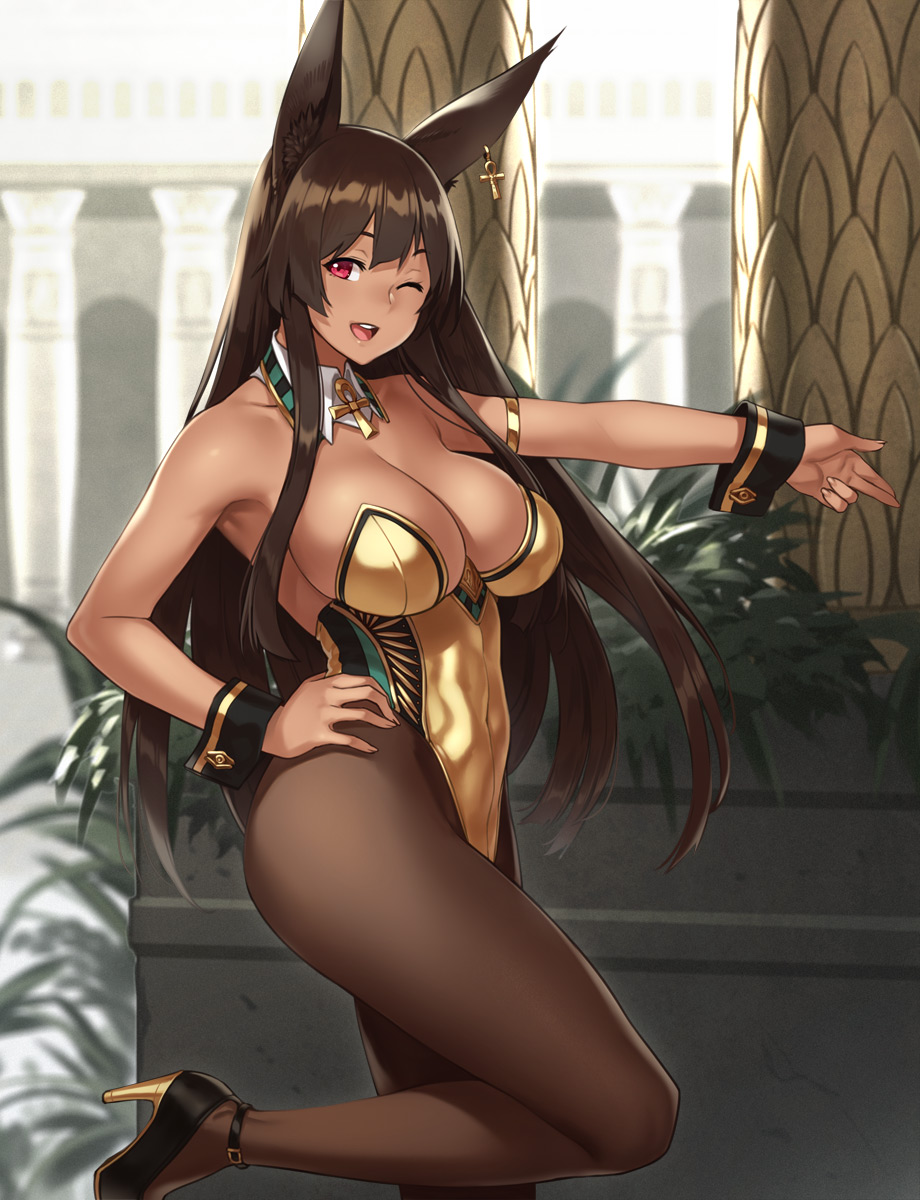 1girls animal_ears anubis_(houtengeki) bunnygirl cleavage dark-skinned_female dark_skin egyptian female female_only high_heels houtengeki large_breasts leotard long_hair pantyhose solo standing wink