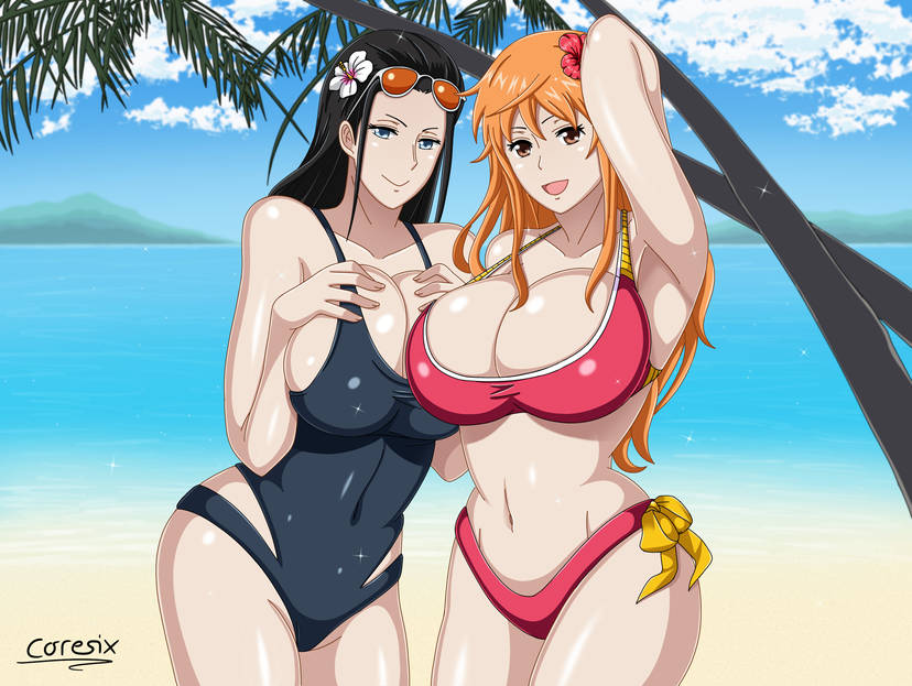 2girls beach bikini black_hair black_swimsuit blue_eyes breasts brown_eyes clouds coresix female female_only hair_flower hibiscus large_breasts long_hair looking_at_viewer midriff milf nami nami_(one_piece) navel nico_robin ocean one-piece_swimsuit one_piece orange_hair outside palm_tree pink_bikini pink_swimsuit sky sunglasses sunglasses_on_head swimsuit water