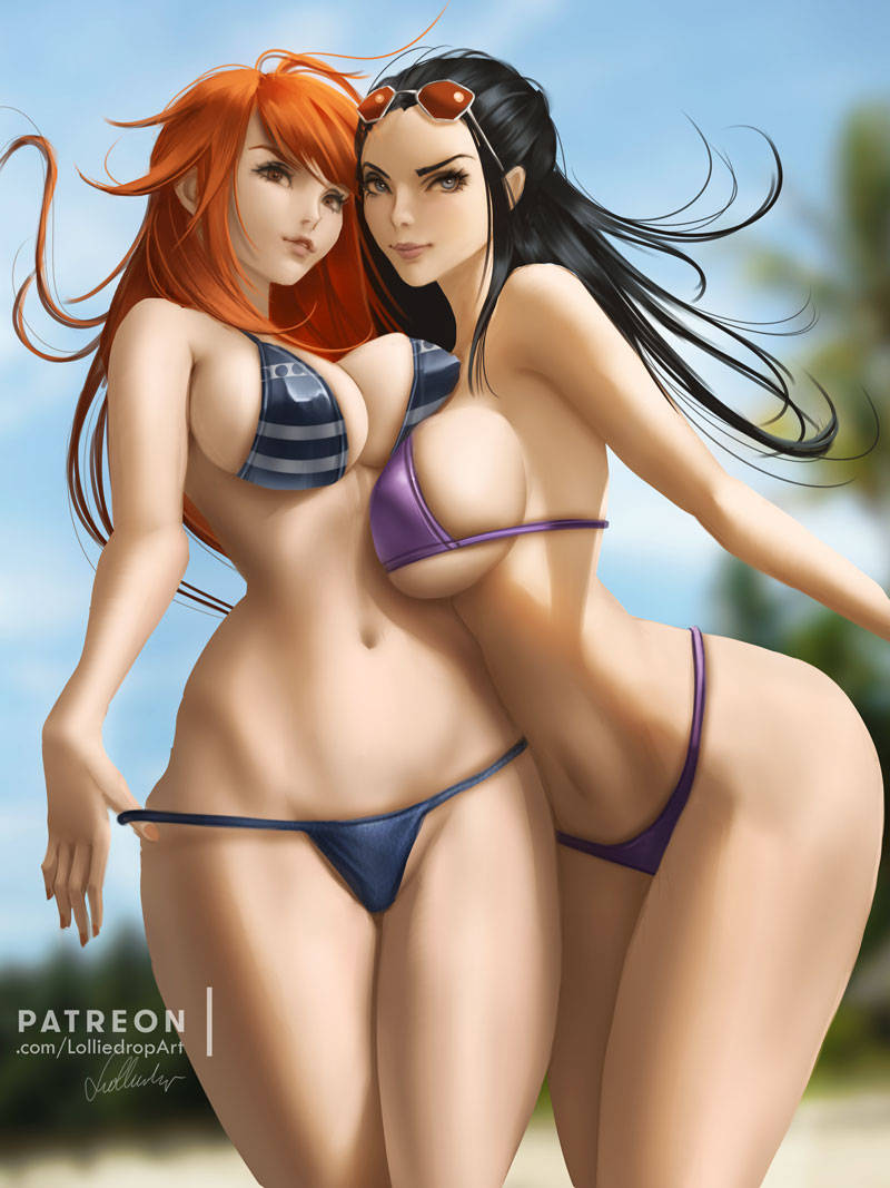 2girls adjusting_bikini adjusting_swimsuit bikini black_hair blue_bikini blue_eyes blue_swimsuit breasts brown_eyes clouds female female_only large_breasts lolliedrop long_hair looking_at_viewer midriff milf nami nami_(one_piece) navel nico_robin one_piece orange_hair outside purple_bikini purple_swimsuit sky sunglasses sunglasses_on_head swimsuit