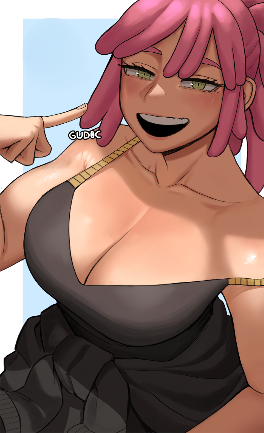 1girls breast_focus busty_female cleavage curvy_figure edit edited_image gud0c huge_breasts looking_at_viewer mei_hatsume my_hero_academia open_mouth pink_hair pointing pointing_at_self post-timeskip shueisha textless_version third-party_edit upscaled yellow_eyes