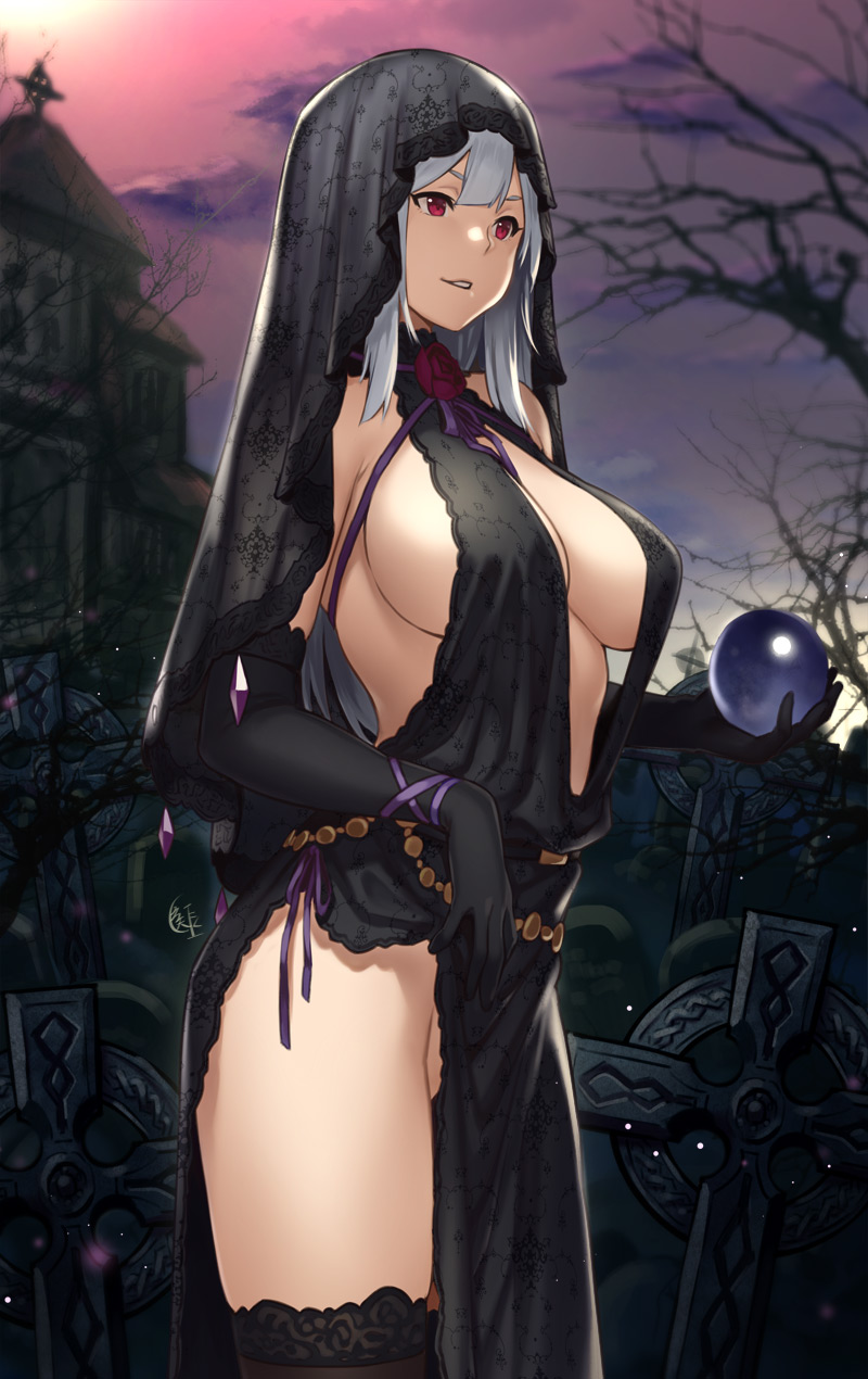 breasts, character request, cleavage, dress, female, houtengeki, large breasts, long hair, no panties, pelvic curtain, sideboob, solo, standing