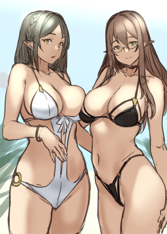 2girls, bikini, black hair, breasts, brown hair, brown-haired glasses elf (houtengeki), cleavage, elf, female, glasses, houtengeki, large breasts, pointy ears
