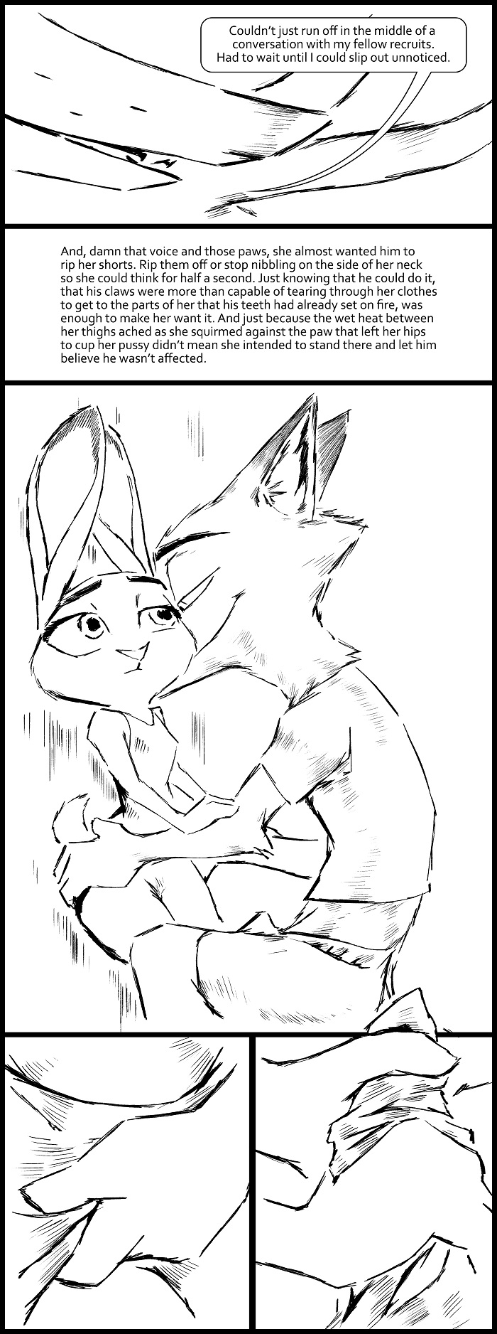 2017 anthro black_and_white bulge canine clothed clothing comic crotch_grab dialogue dipstick_ears disney duo english_text female fondling fox grope hip_grab judy_hopps lagomorph male mammal monochrome nick_wilde penis penis_grab rabbit smile straight text thewyvernsweaver zootopia