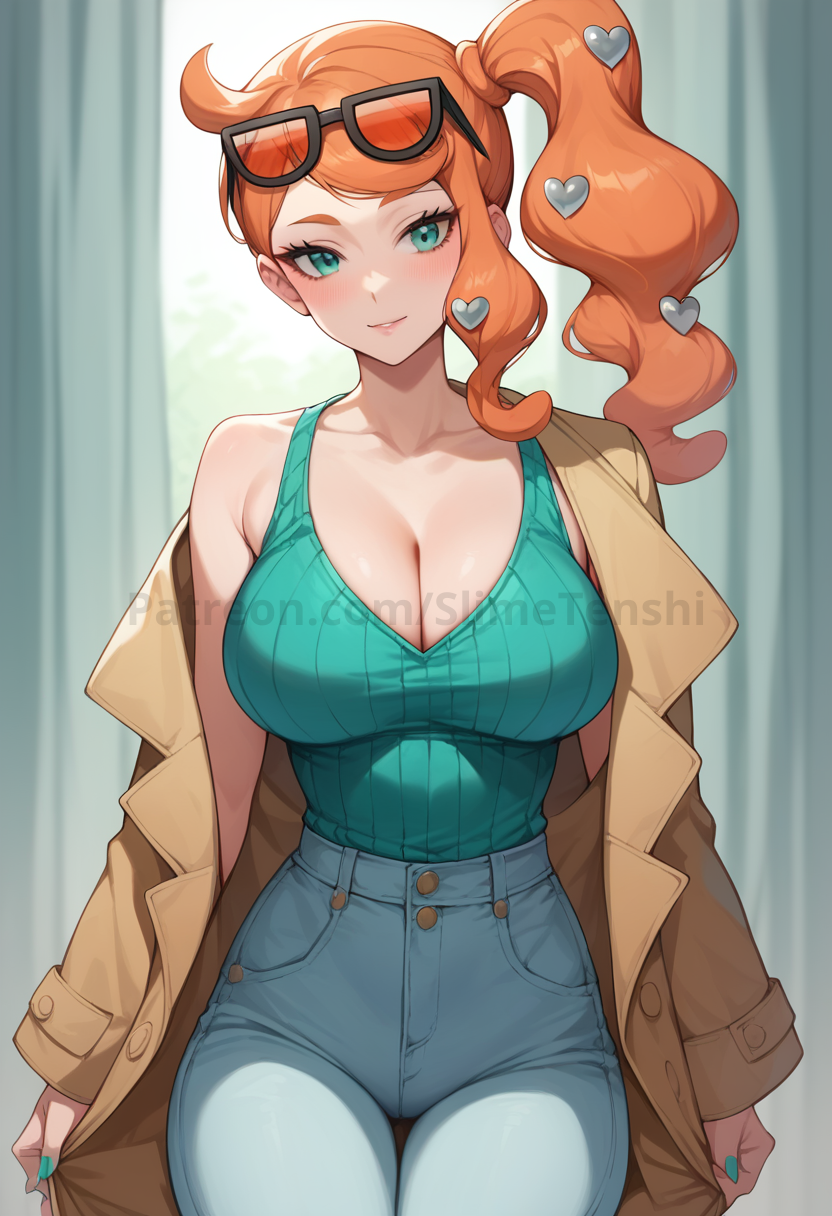 ai_generated big_breasts blush breasts glasses green_eyes green_topwear jacket jacket_off_shoulders jacket_open jeans orange_hair pokemon ponytail sonia_(pokemon) topwear