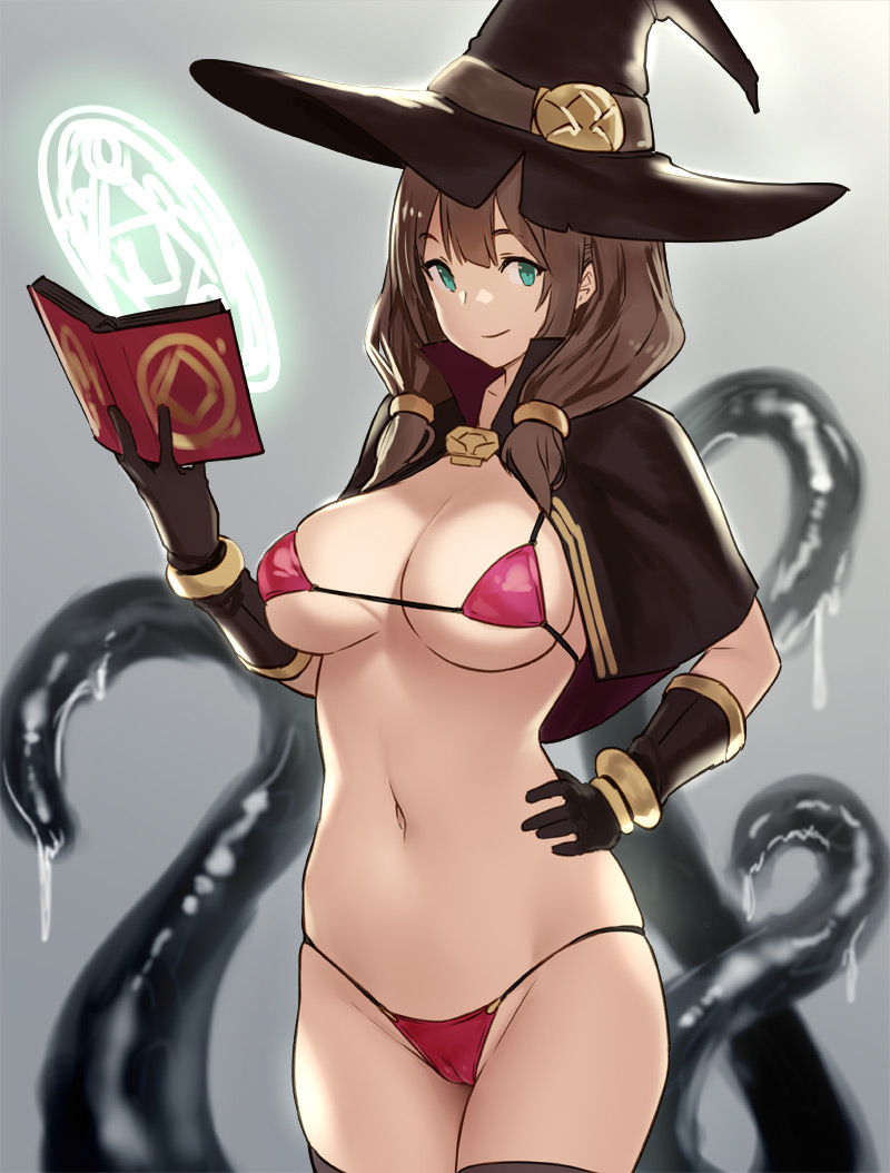 bikini, breasts, brown hair, cameltoe, cleavage, female, hat, houtengeki, imminent tentacle sex, large breasts, long hair, micro bikini, pussy, solo, standing, summoning, tentacle summoning, underboob, witch hat