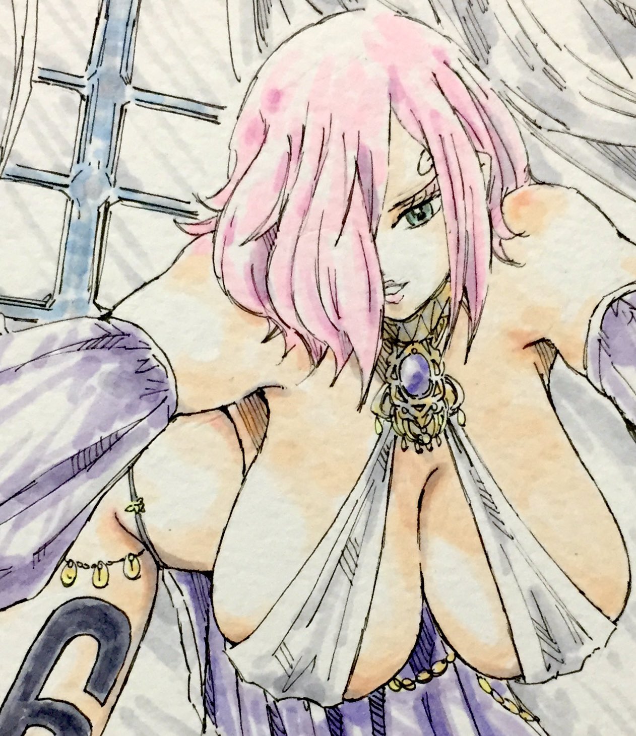 1girls aqua_eyes bare_midriff bare_thighs bent_over blue_eyes dancer dress female female_only green_eyes hair_over_face hair_over_one_eye indoors large_breasts leg_tattoo lips lipstick midriff one_piece pink_hair pink_lips pink_lipstick plump_lips puipui reaching_out reaching_towards_viewer revealing_clothes sagging_breasts sideboob solo tattoo thighs vinsmoke_reiju white_dress