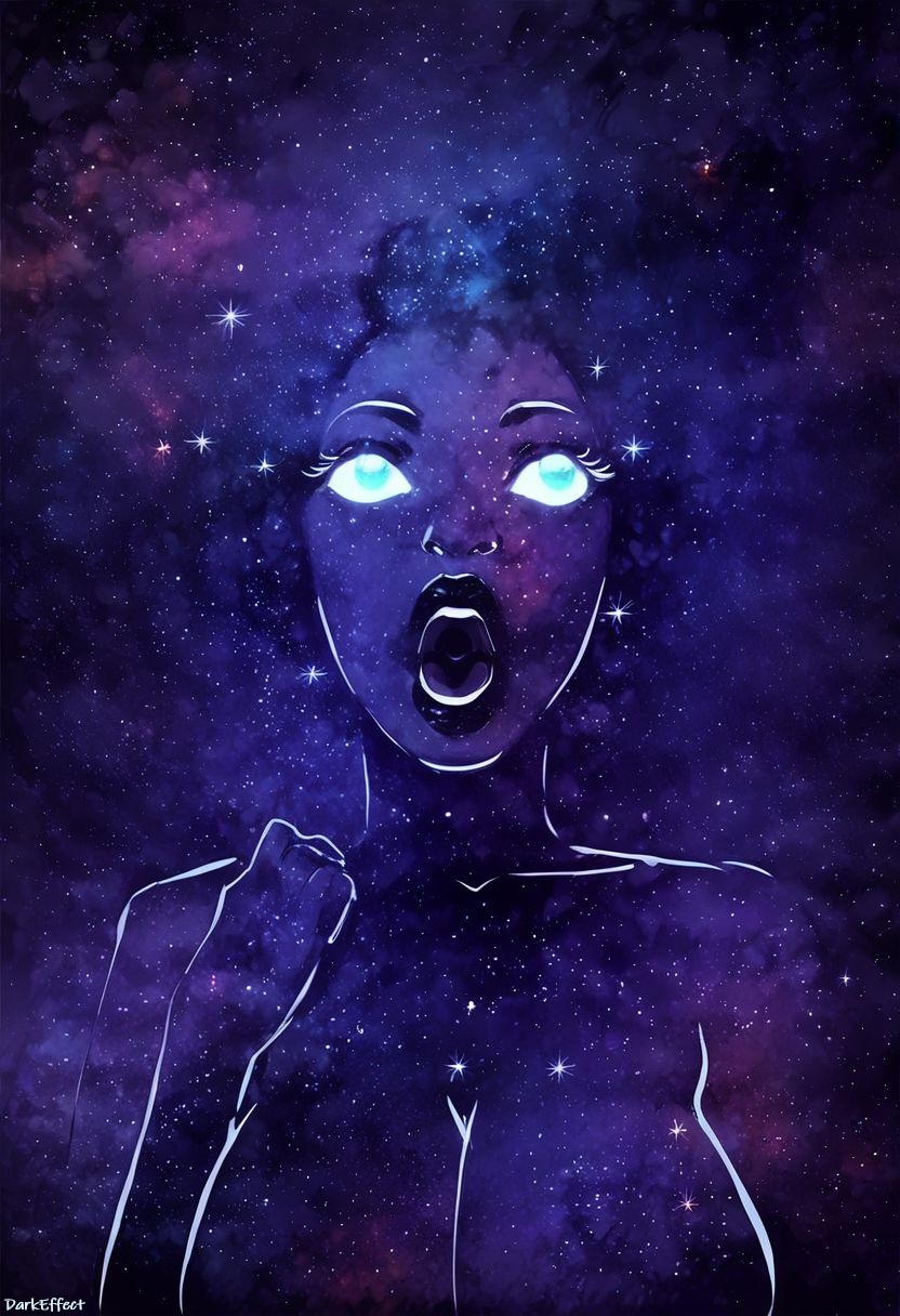 1girls ai_generated blue_eyes breasts celestial_body cleavage cosmic_background cosmic_hair cosmic_skin darkeffect ethereal extraterrestrial female female_only galaxy galaxy_body galaxy_hair glowing_eyes humanoid lips plump_lips purple_skin solo solo_female space stars starscape surprised_expression universe