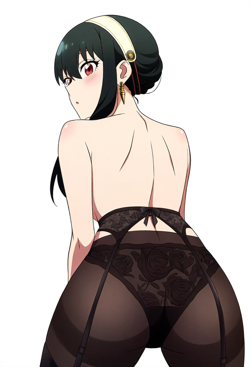 1girls ai_assisted ai_generated ass ass_focus back back_view bare_back bare_shoulders black_hair blush body_blush earrings female female_only garter_belt garter_straps hairband human jei_games long_hair no_bra panties_under_pantyhose pantyhose pantyhose_only parted_lips red_eyes solo spy_x_family standing thighs topless yor_briar yor_forger