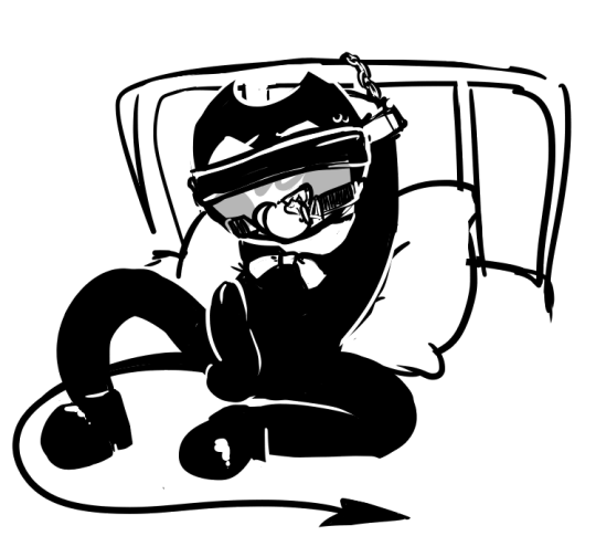 1boy, bed, bendy, bendy and the ink machine, demon, demon horns, demon tail, devil, devil horns, devil tail, gay, laying down, male, non-human, penis, tied, tied arms, tied down, toony