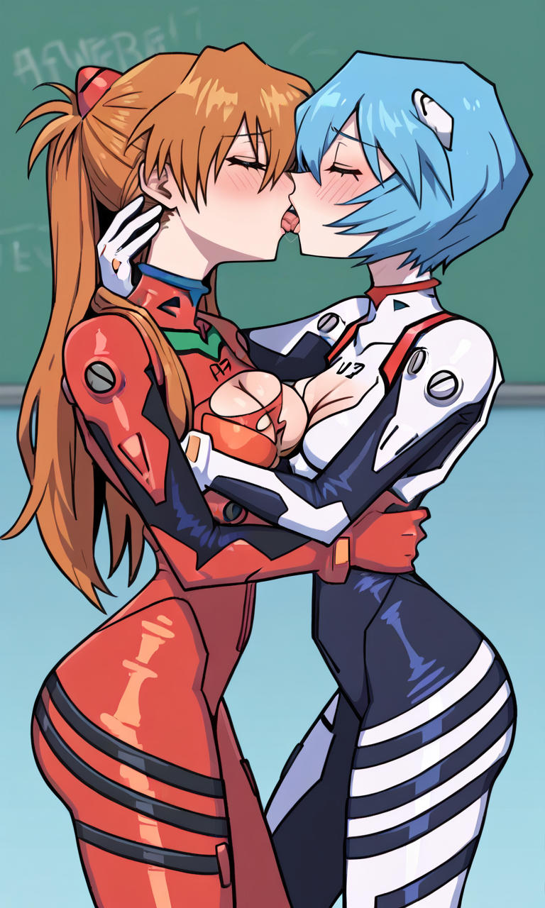 2girls ai_generated asuka_langley_sohryu blonde_hair classroom closed_eyes hip_grab kissing lesbian_kiss medium_breasts neon_genesis_evangelion plugsuit rei_ayanami tagme thick_thighs torn_clothes zlendyvr34