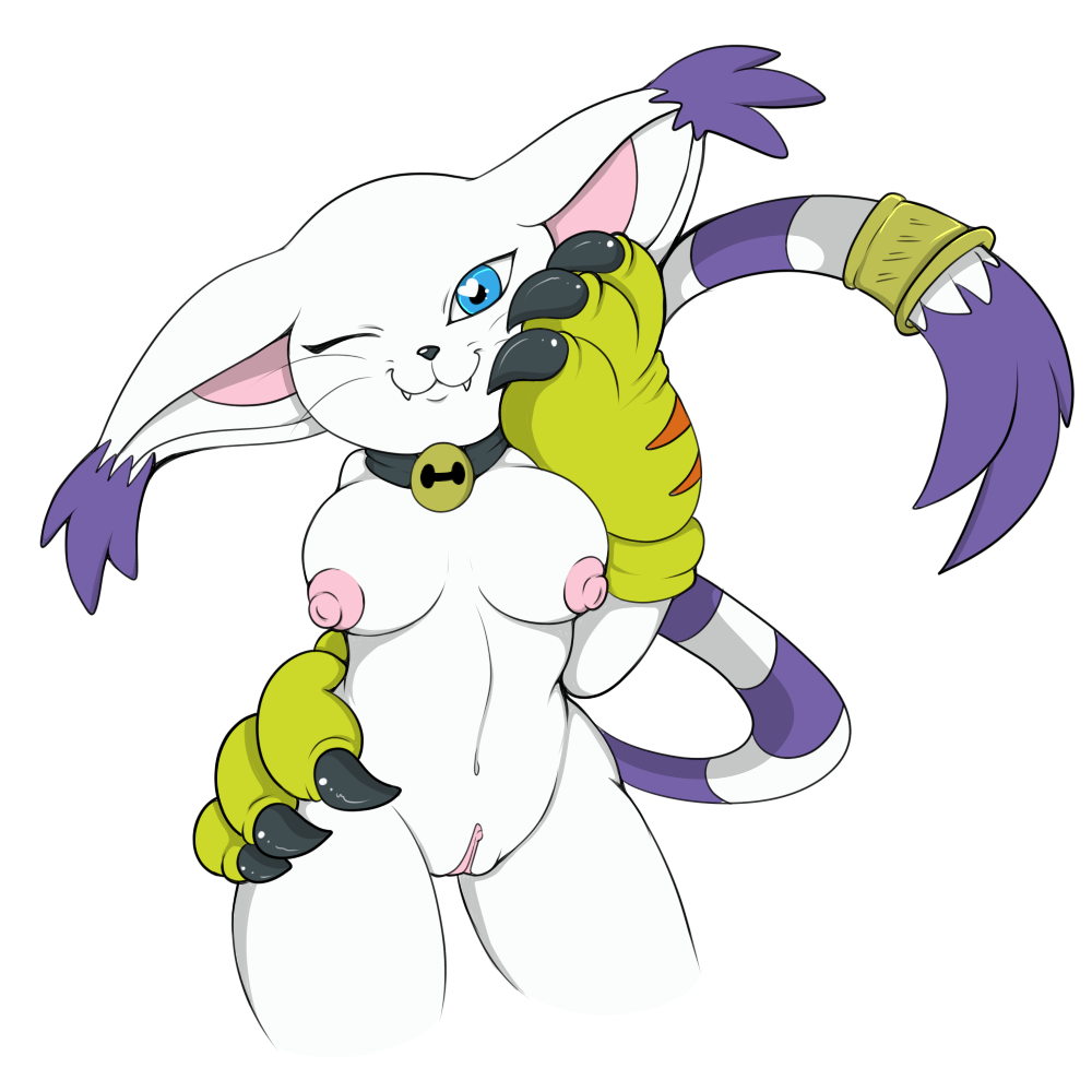 anthro areola bell belly big_breasts black_nose blue_eyes breasts claws clothing collar dicey digimon ear_tuft feline female fur gatomon gloves long_tail mammal nipples one_eye_closed pink_nipples purple_fur pussy solo tail_ring tealxstreak tuft white_fur wink