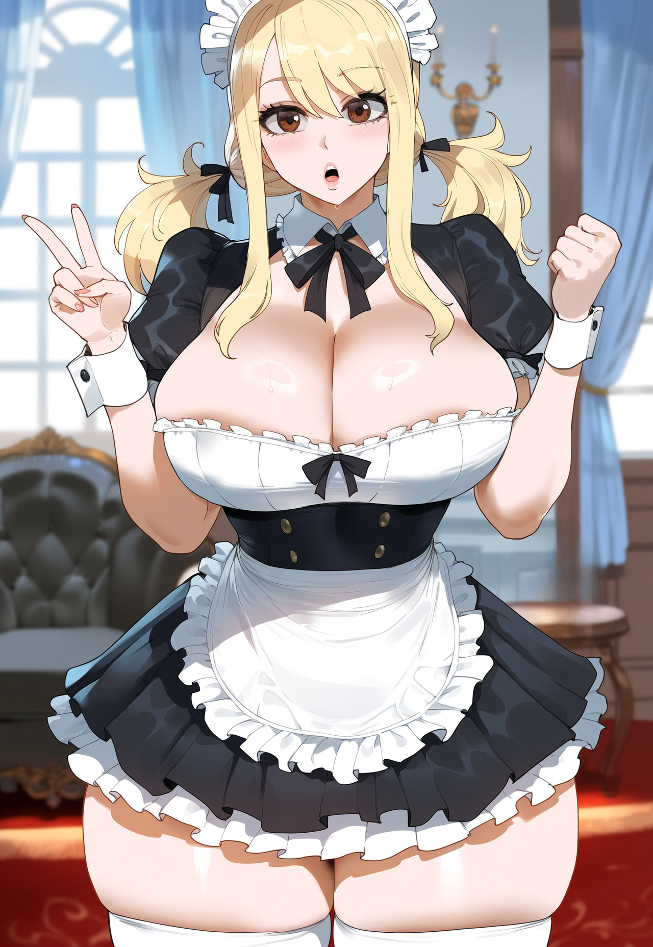 1girls, ai generated, blonde hair, breasts, brown eyes, cleavage, creamy ai, curvy, fairy tail, female, huge breasts, long hair, lucy heartfilia, maid, maid headdress, skirt, solo, stockings, thick thighs, thighhighs, twintails, v sign, white thighhighs, wide hips