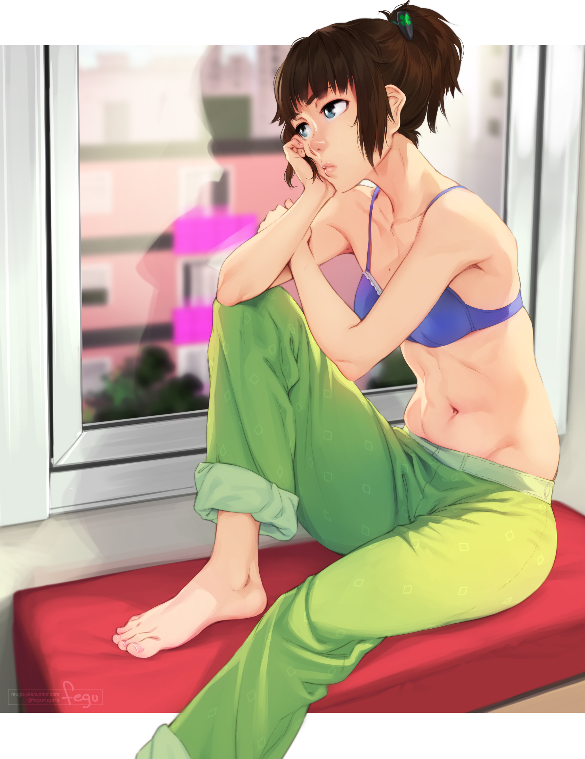 1girls, abs, barefoot, black hair, bra, breasts, cleavage, feet, feguimel, female, miranda (feguimel), navel, sitting, solo, text, toes, tumblr, url, watermark