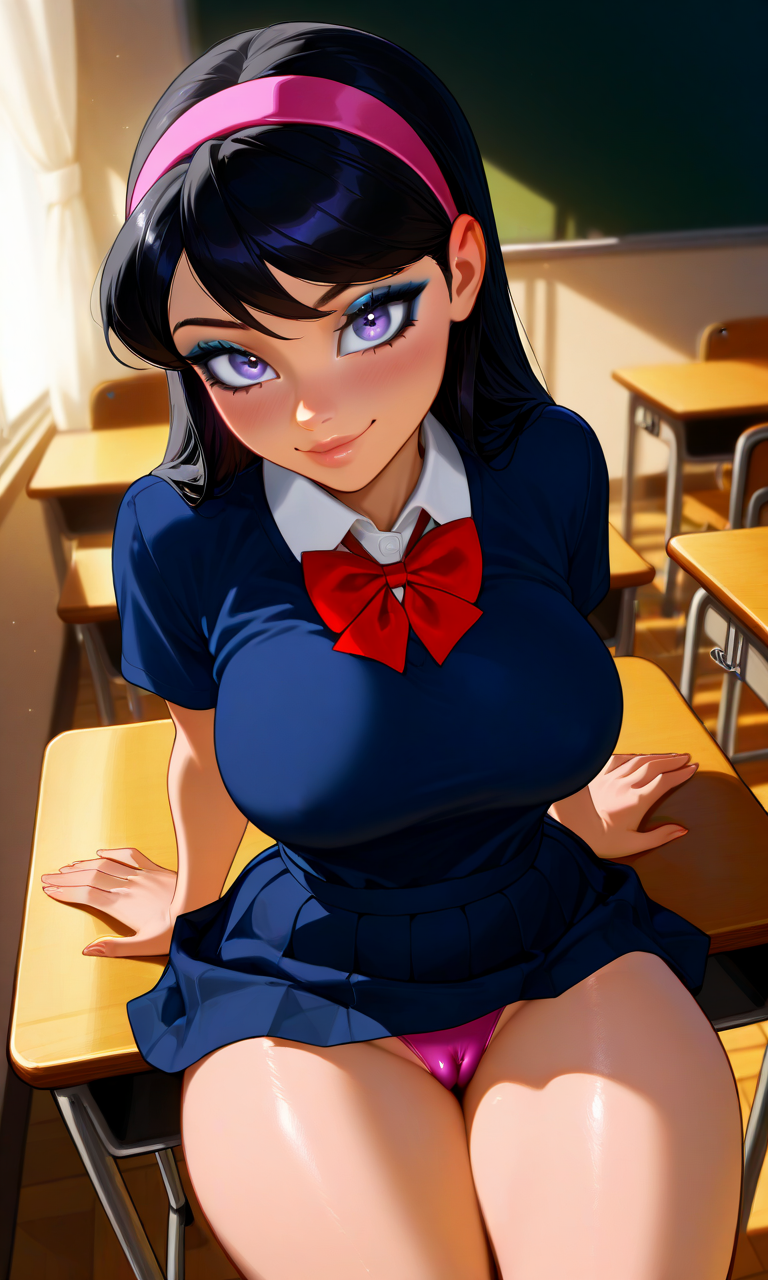 1girls ai_generated bare_arms bare_thighs black_hair cameltoe chloenette69 classroom desk disney disney_channel eyebrows eyelashes eyeliner eyeshadow g-string hairband large_ass large_breasts long_hair pixar purple_eyes school_uniform sitting_on_desk skirt smiling smiling_at_viewer the_incredibles the_incredibles_2 thick_thighs violet_parr