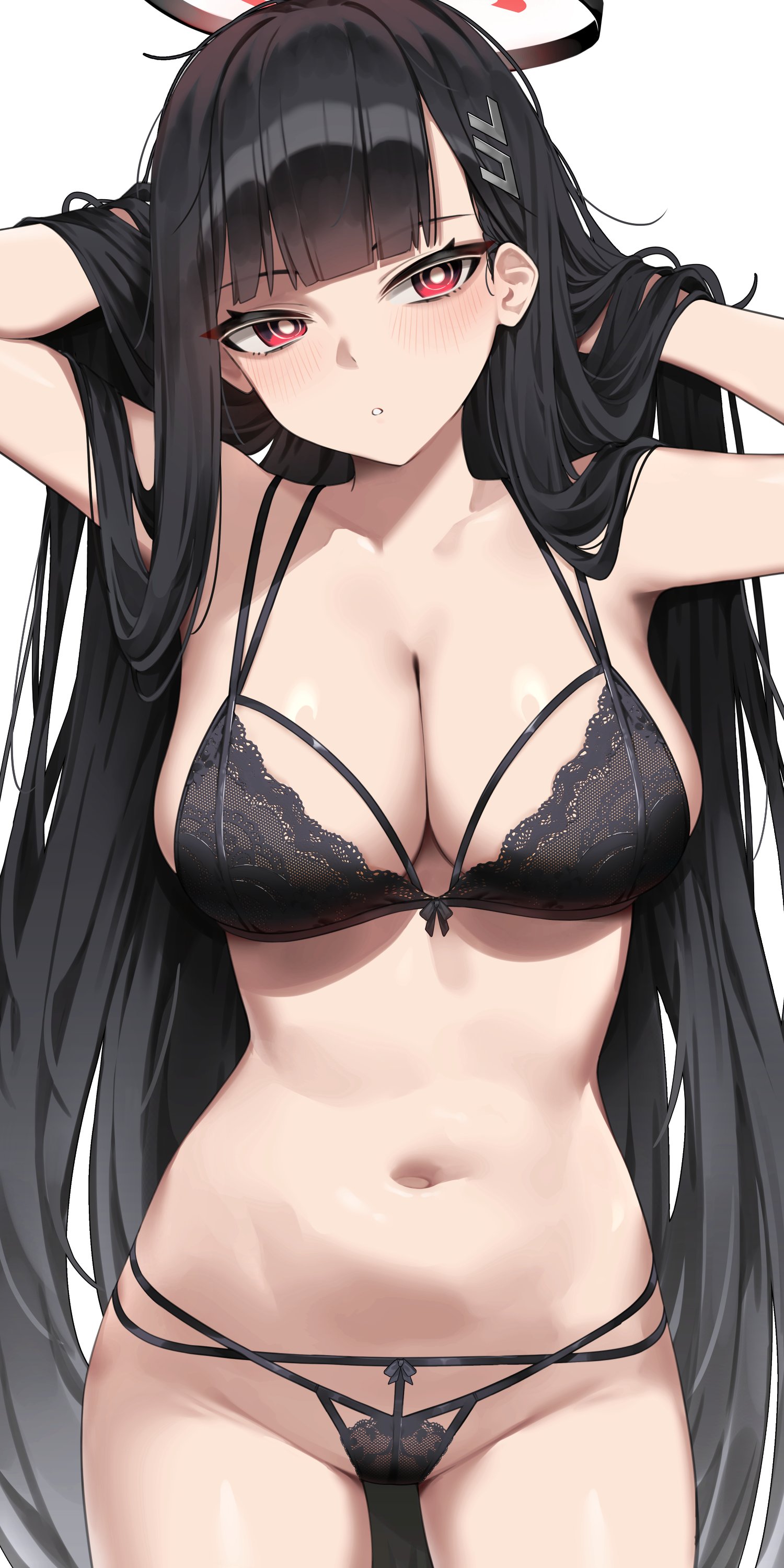 1girls, absurdres, black bra, black hair, black halo, black panties, blue archive, bra, female, halo, highres, lace, lace bra, lace panties, lingerie, long hair, multi-strapped panties, navel, panties, panty straps, red eyes, rio (blue archive), underwear, underwear only, very long hair, wakamepiza