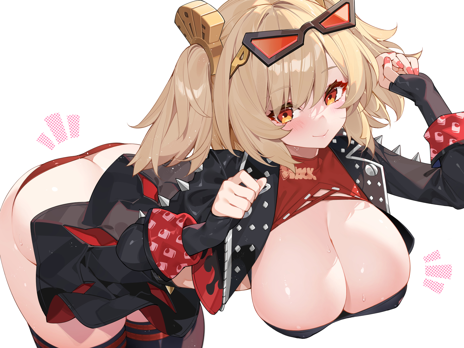 1girls, 2d, alternate breast size, ass, ass cleavage, ass crack, bent over, blonde hair, blush, breasts, burnice white, butt crack, cleavage, commentary request, english commentary, eyewear on head, female, highres, jacket, large breasts, looking at viewer, mixed-language commentary, red eyes, revision, skirt, smile, solo, thighs, undersized clothes, waterring, zenless zone zero