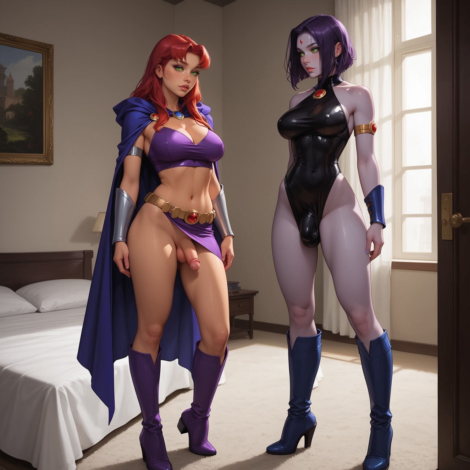 2futas, ai generated, blindparty, civitai, dc, dc comics, futa only, futanari, intersex, orange hair, penis, penis bulge, purple body, purple eyes, purple hair, purple skin, raven (dc), starfire, teen titans