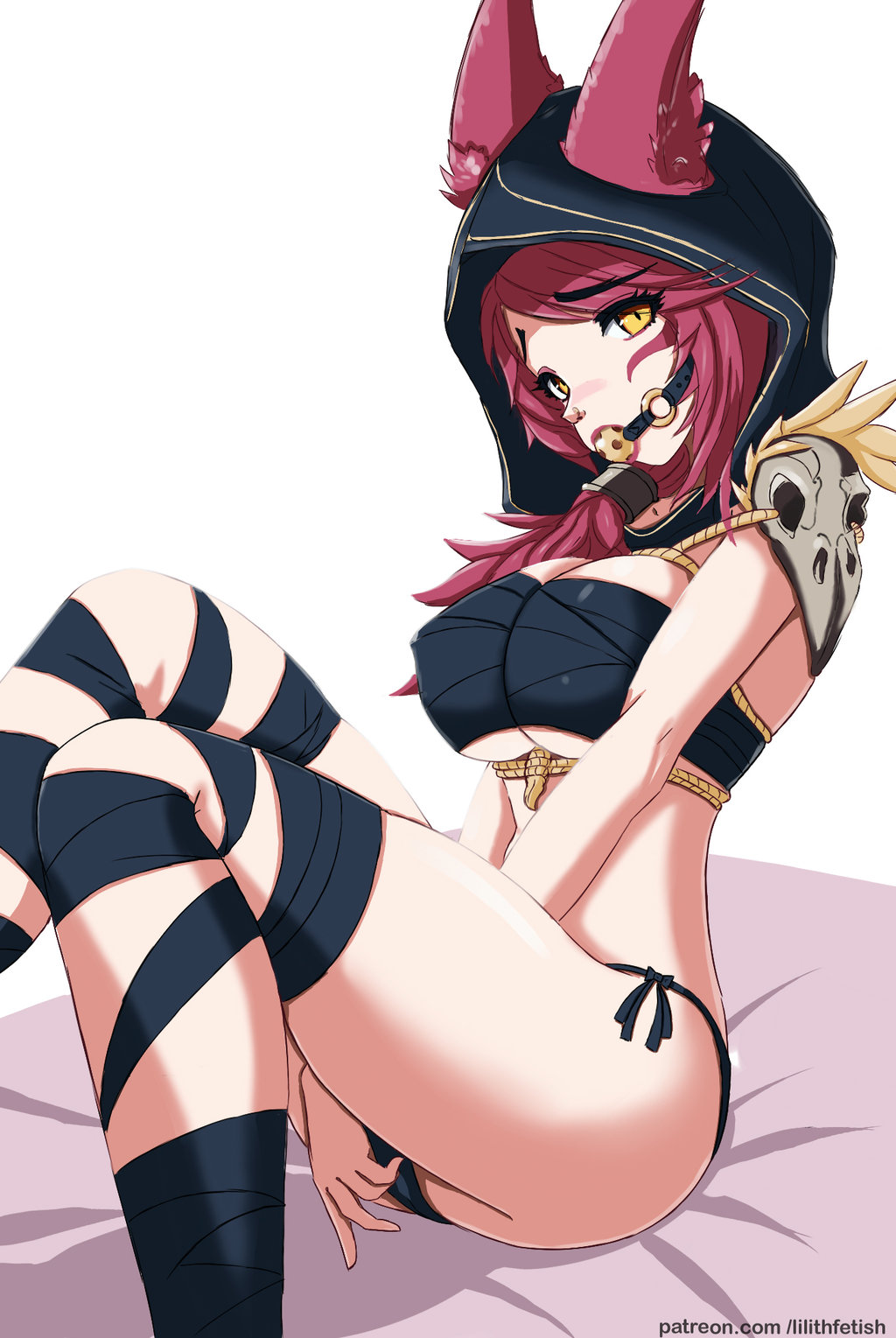 2017, ball gag, bondage, breasts, female, female only, femsub, gag, gagged, league of legends, lilith-fetish, looking at viewer, on bed, orange eyes, panties, red hair, rope, skimpy, skull, xayah, yellow ball gag