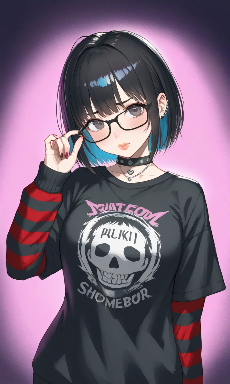 1girls ai_generated black_hair blue_highlights bob_cut choker dick_sucking_lips ear_piercing earrings emo first_porn_of_character glasses jack_(kosine1777) kosine1777 kosineverse large_breasts necklace original original_character puffy_lips punk shirt short_hair skull striped_sleeves t-shirt