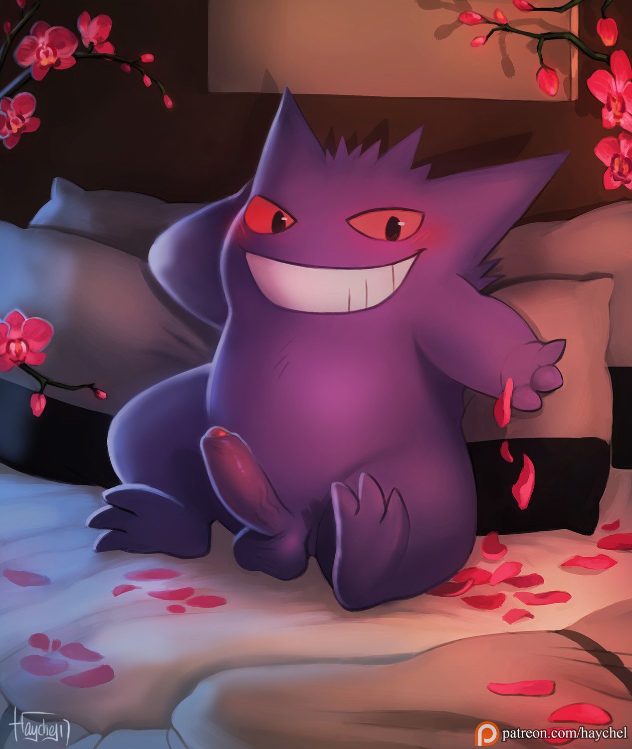 balls bed blush erection flower_petals gengar haychel looking_at_viewer male male_only nintendo nude on_bed penis petals pokemon rose_petals solo uncut video_games