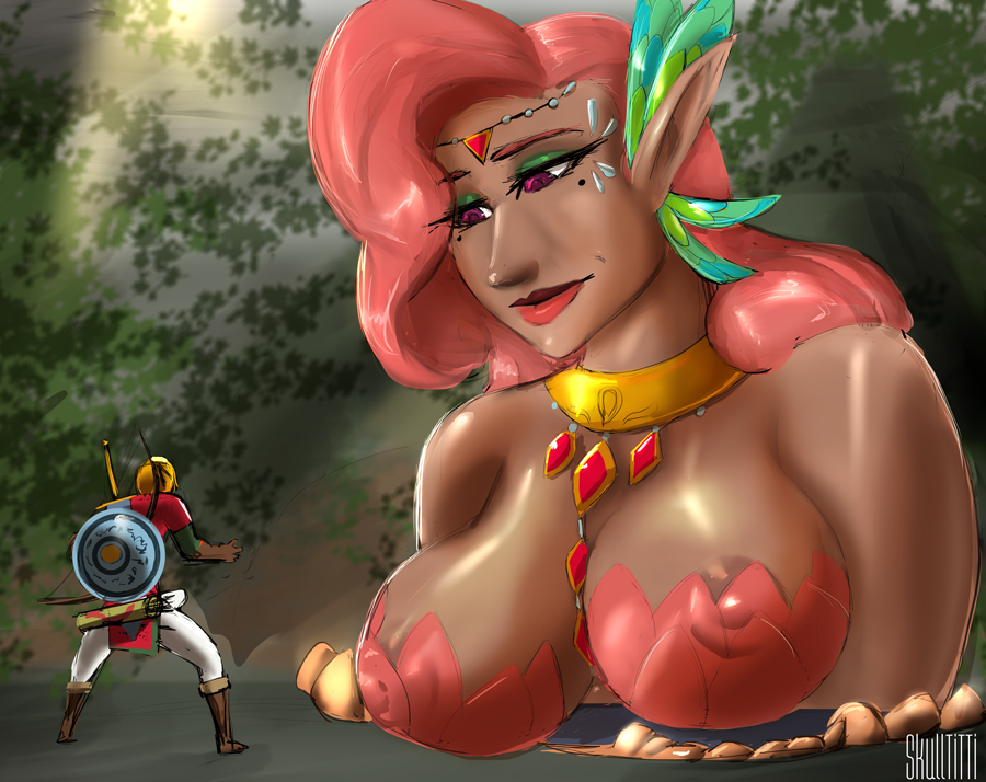 artist_name bare_shoulders breath_of_the_wild brown_skin brown_skinned_female butterfly_hair_ornament dark-skinned_female dark_skin erect_nipples_under_clothes giantess gigantic_breasts great_fairy in_water jewelry kaysa_(great_fairy) link looking_at_another looking_down macro nintendo partially_submerged pink_hair pointy_ears quiver shield size_difference skulltitti smaller_male the_legend_of_zelda