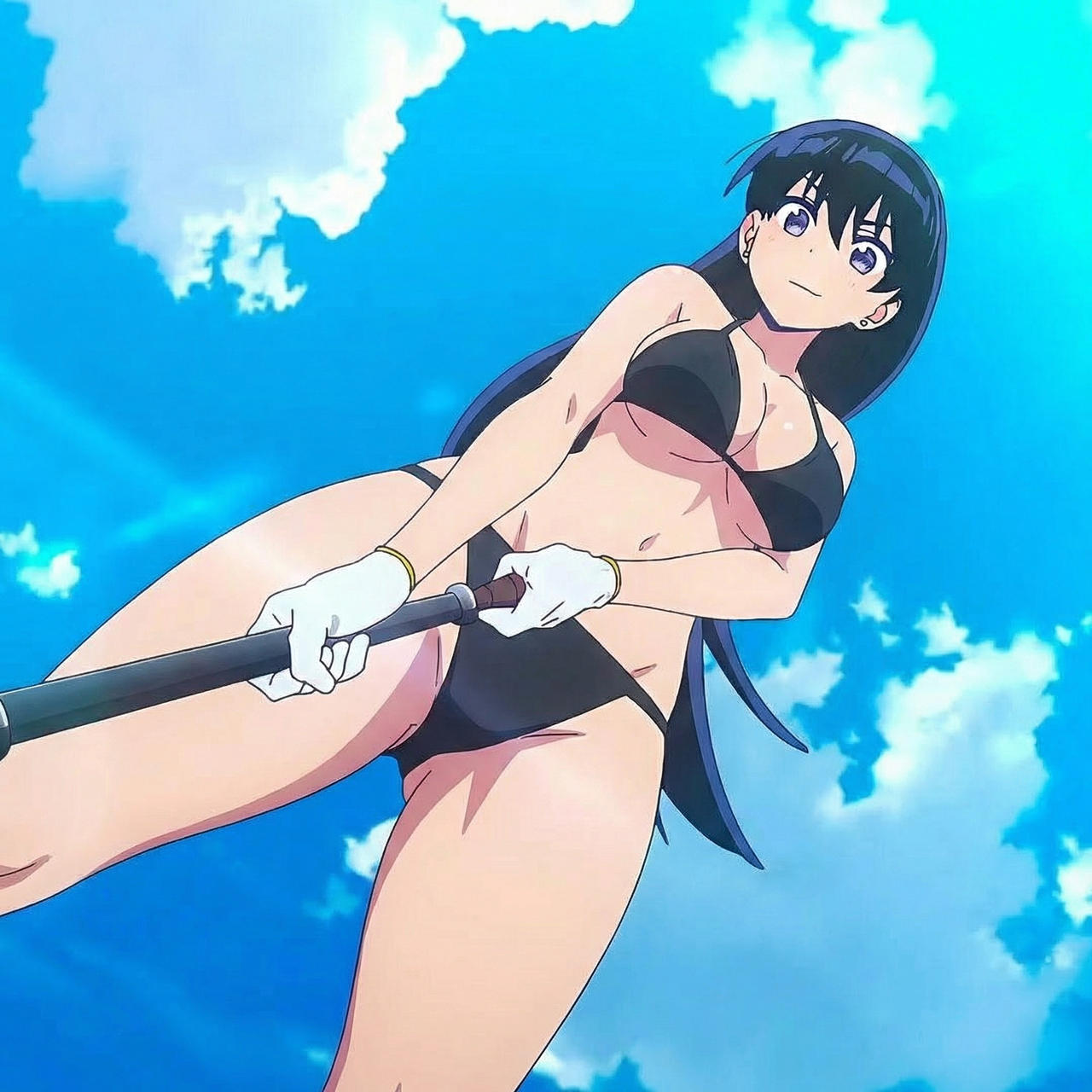1girls, arato nagi, belly, belly button, blue eyes, breasts, cloud, curvy, curvy body, curvy female, curvy figure, female, female focus, female only, gloves, legs, long hair, ruri no houseki, sky, waist, white gloves