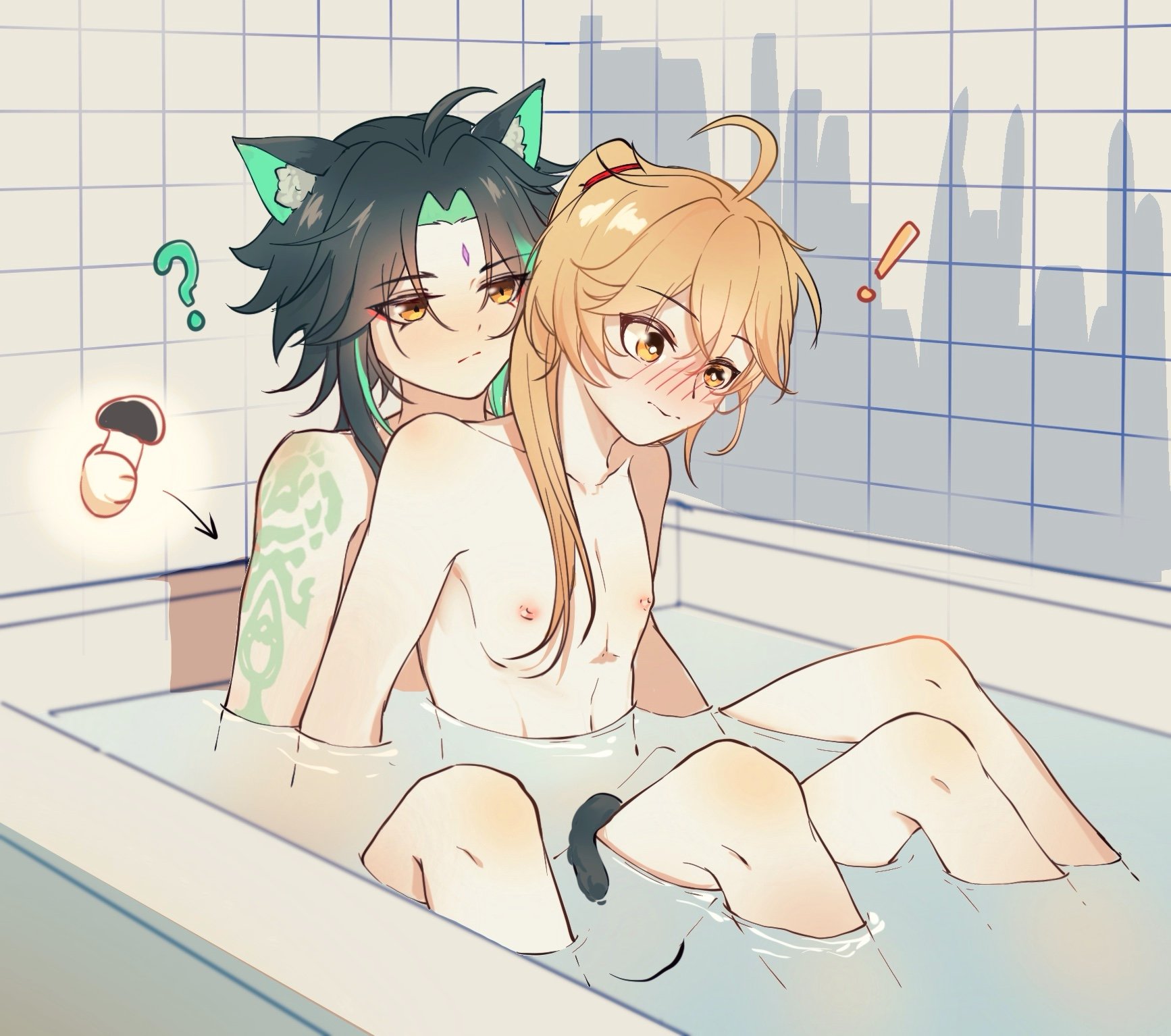 2boys, aether (genshin impact), bath, bathing, bathing together, bathroom, blonde hair, blush, cat ears, embarrassed, femboy, gay, genshin impact, holding, male, male only, ponytail, tattoo, teal hair, xiao (genshin impact), yaoi