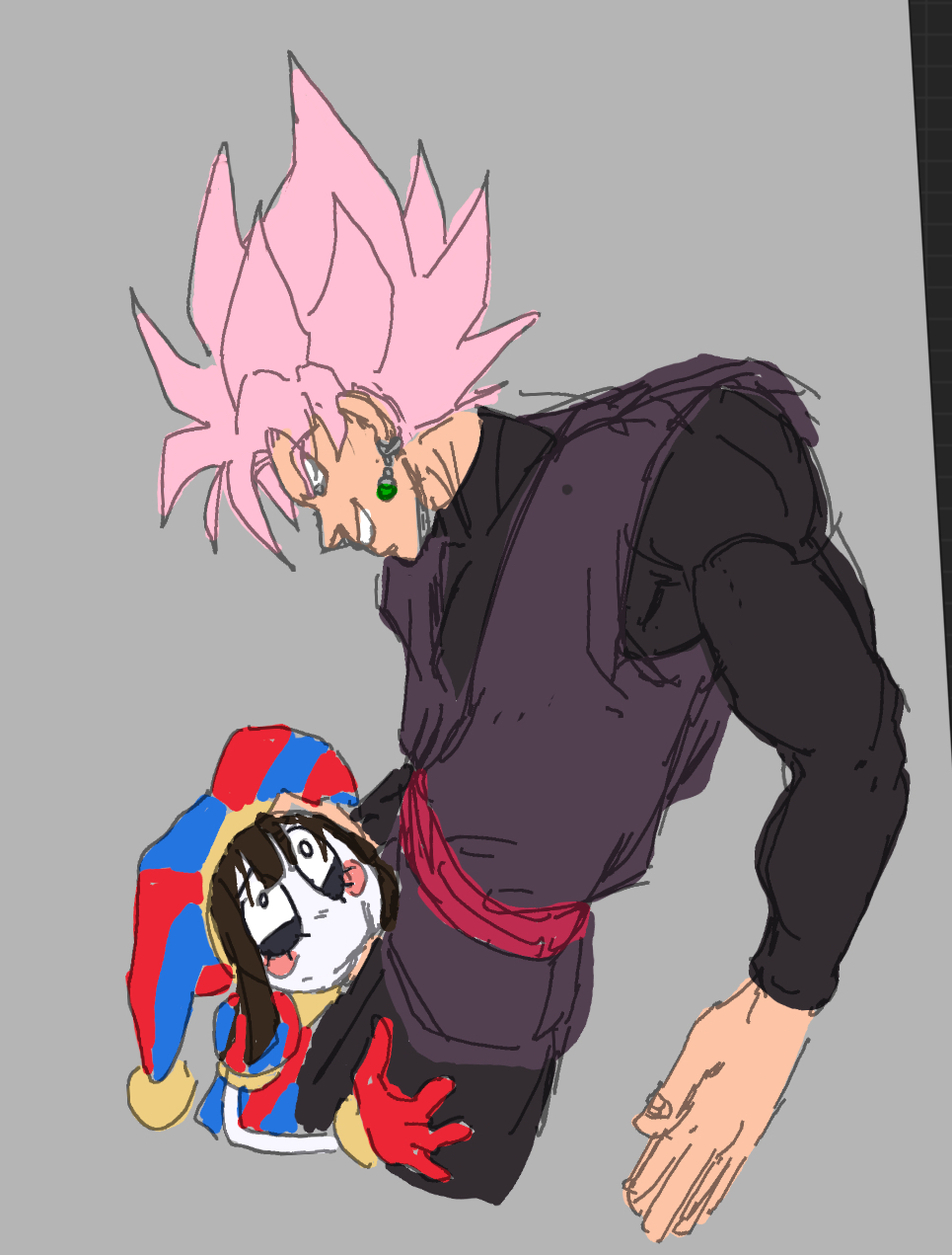 clothed_sex clown clown_girl clown_makeup crossover dragon_ball dragon_ball_super fellatio goku_black larger_male looking_down male/female maledom pink_hair pomni_(the_amazing_digital_circus) questionable_consent smaller_female the_amazing_digital_circus