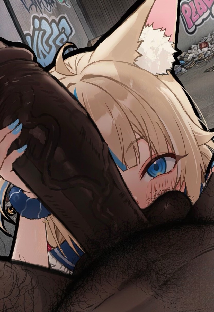 1boy, 1boy1girl, 1girls, ai generated, alley, animal ears, cock worship, dark-skinned male, girthy penis, graffiti, hairy male, homeless, homeless male, indie virtual youtuber, interracial, large penis, looking at viewer, male/female, netorare, ntr, outdoors, penis grab, pov crotch, sameko saba, small breasts, sucking balls, sucking testicles, testicles, trash, veiny penis, waroffree, worship