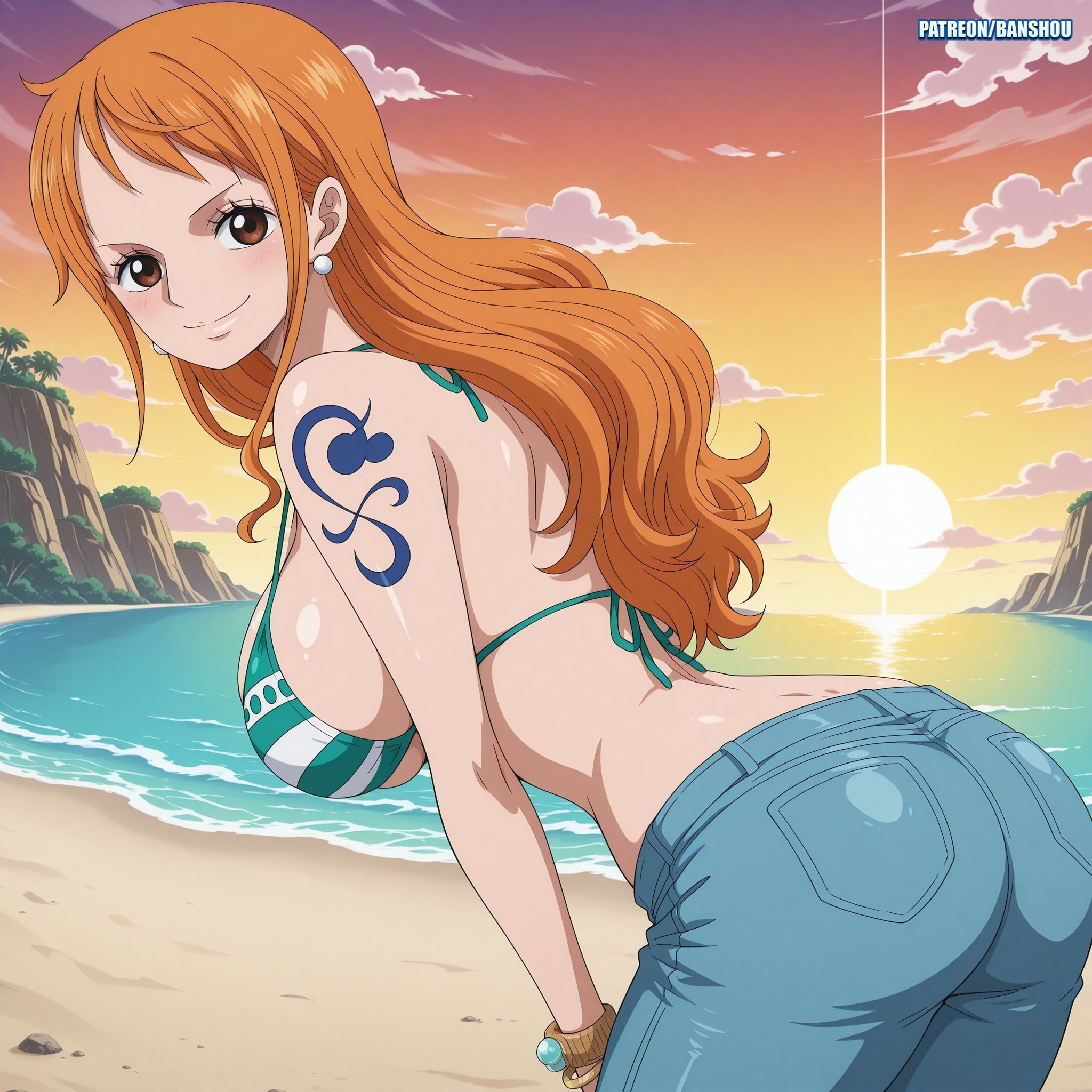 1girls, ai generated, arm tattoo, banshou, blue tattoo, clothing, female, female only, nami (one piece), one piece, orange hair, orange-haired female, post-timeskip, tattoo